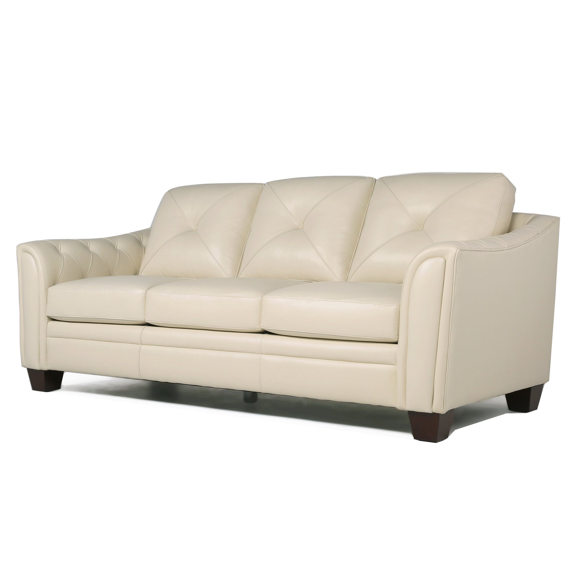 Elegant cream leather sofa with tufted diamondpatterned back cushions and a plush seat