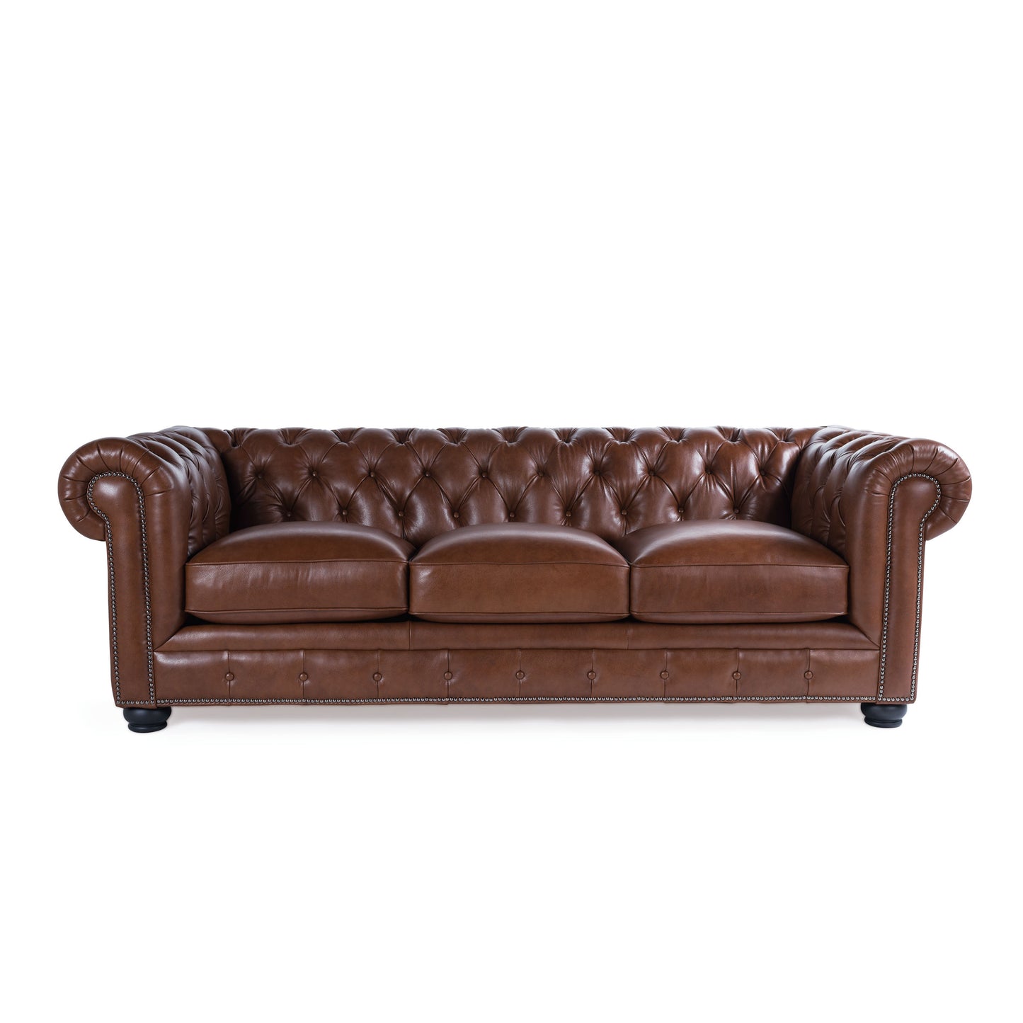 Brown leather chesterfield sofa with button tufting and silver nailhead trim