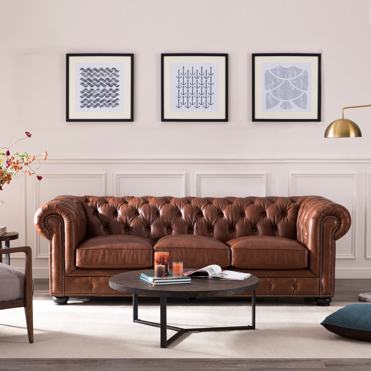 Luxurious brown leather chesterfield sofa with deep button tufting perfect for classic living rooms