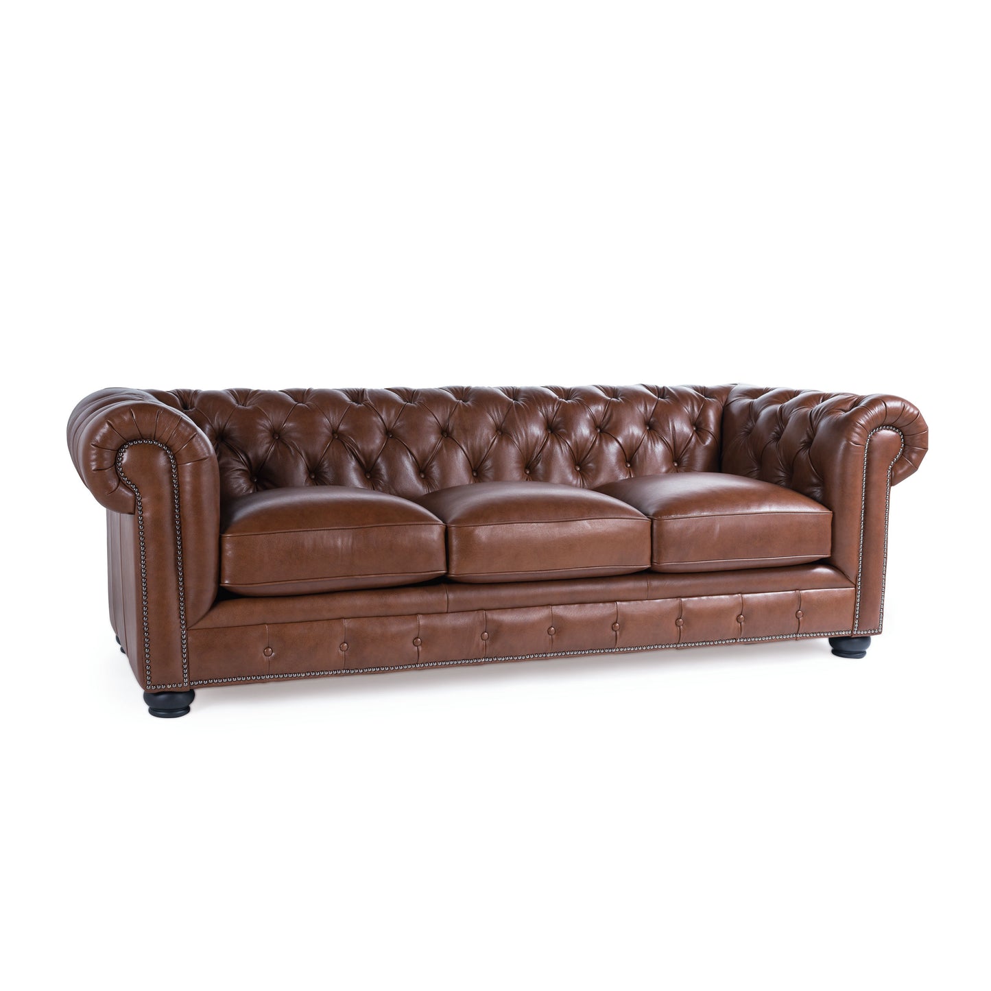 Classic brown leather Chesterfield sofa with button tufting and silver nailhead trim