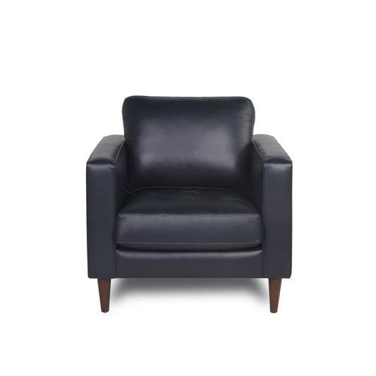 Navy blue leather armchair with tufted seat and wooden legs
