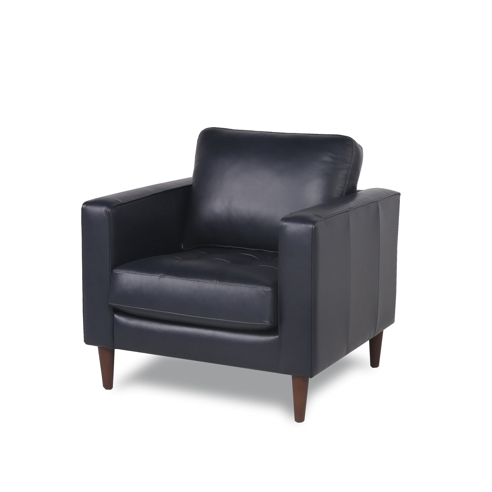 Navy blue leather armchair with tufted seat and tapered wooden legs