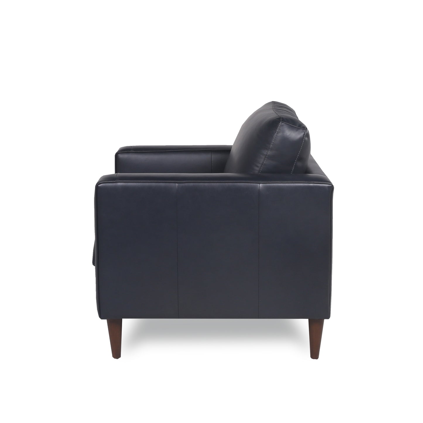Dark navy leather accent chair with tapered wooden legs and stitched detailing