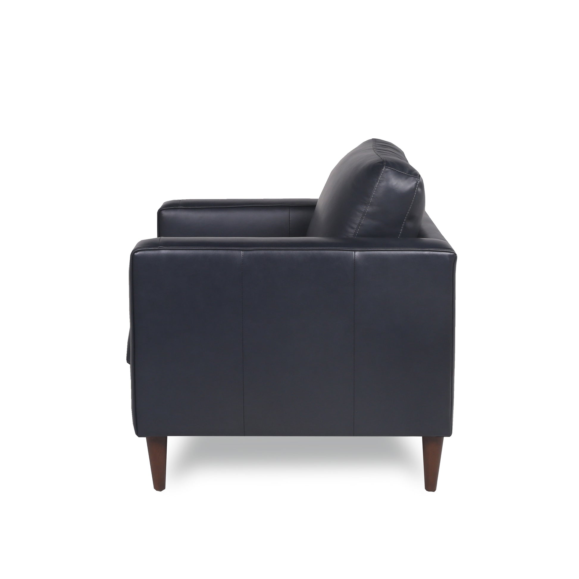 Dark navy leather accent chair with tapered wooden legs and stitched detailing