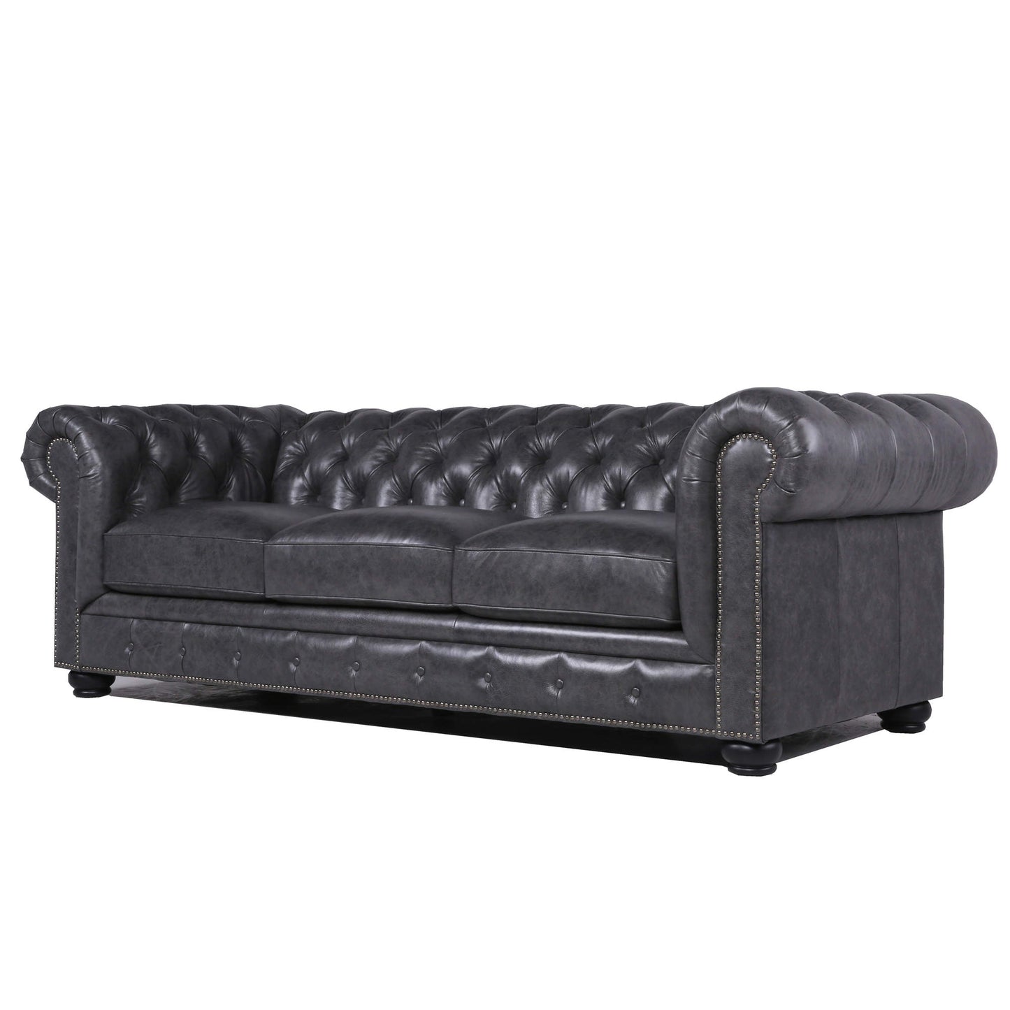 Dark grey leather Chesterfield sofa with button tufting and nailhead trim