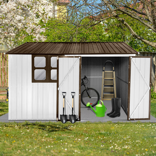 White metal garden shed with brown trim open doors showcasing tools and a bicycle