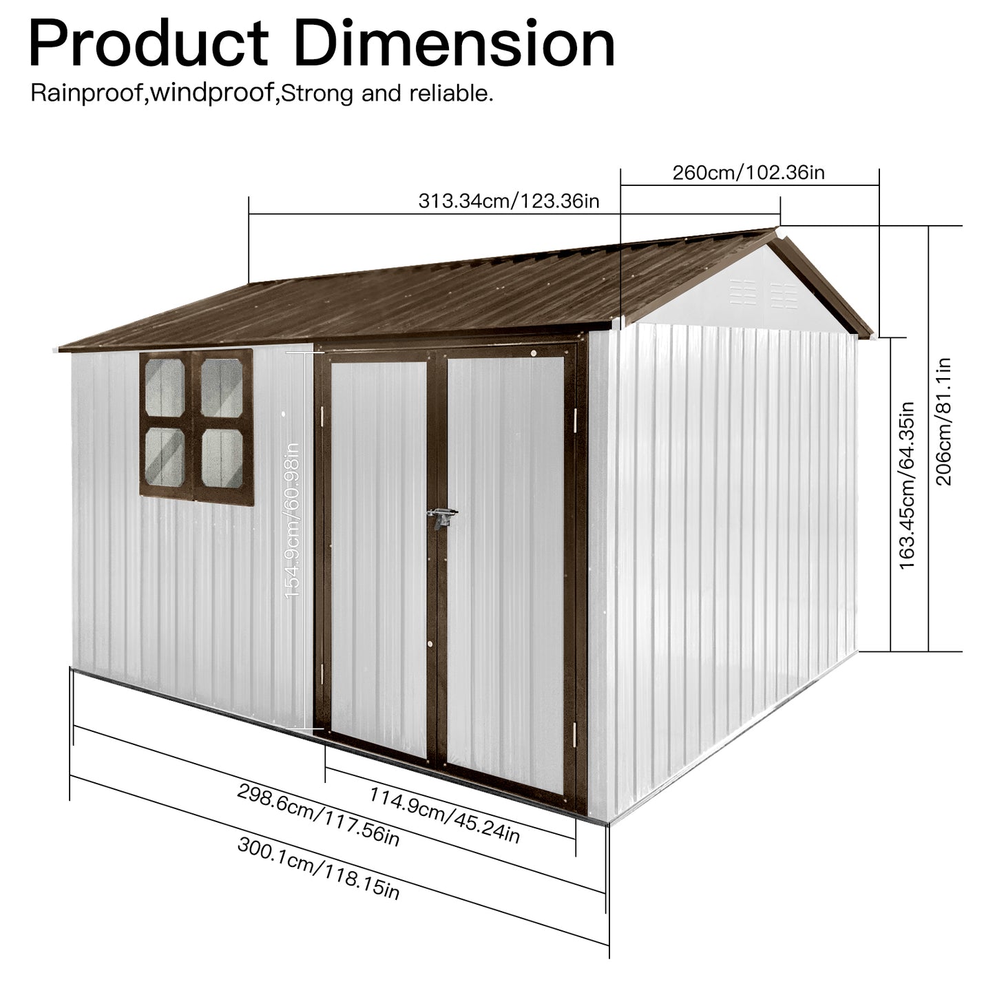 Metal garden shed with double doors window and brown trim Dimensions cm L x cm W x cm H