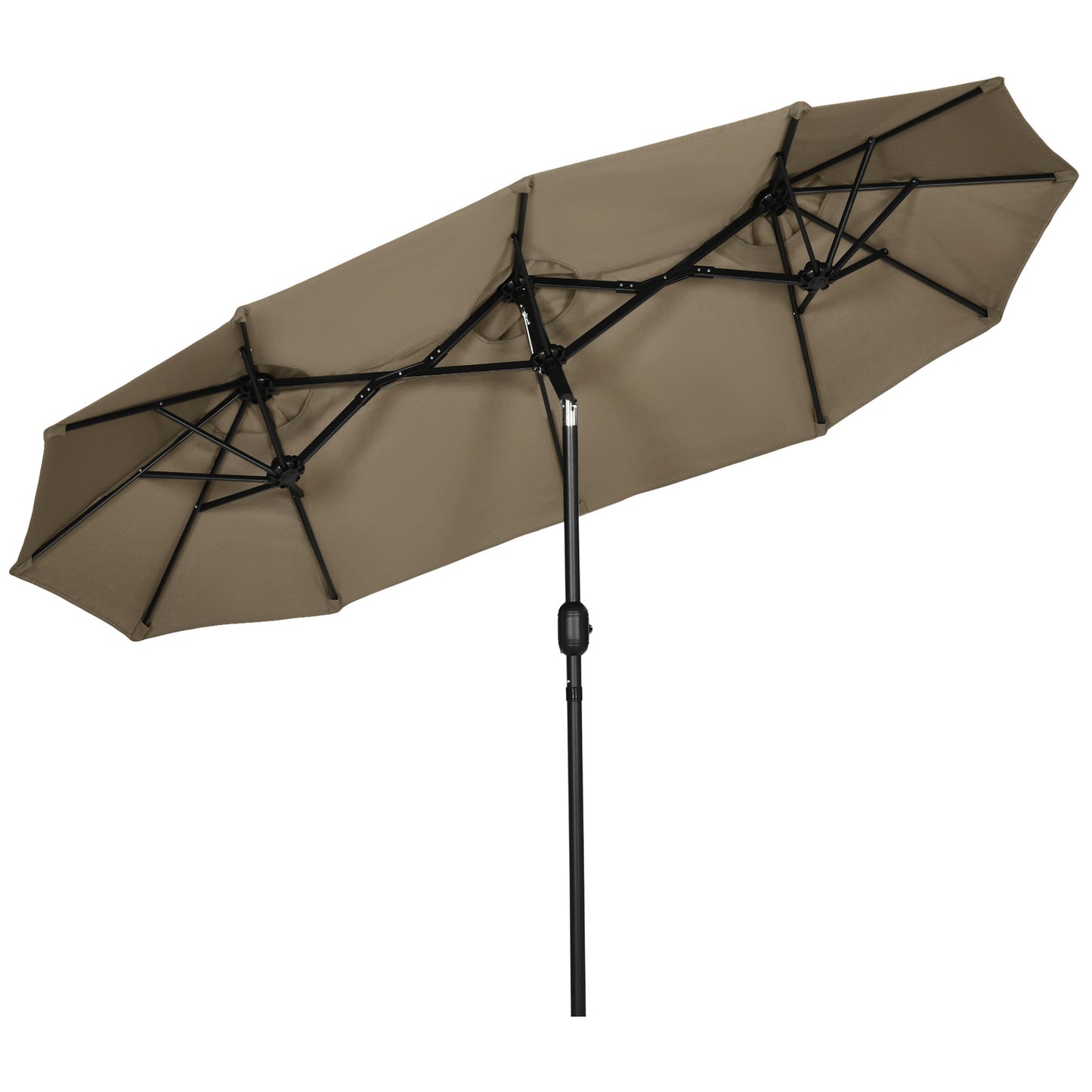 Double patio umbrella tan fabric metal frame outdoor shade solution