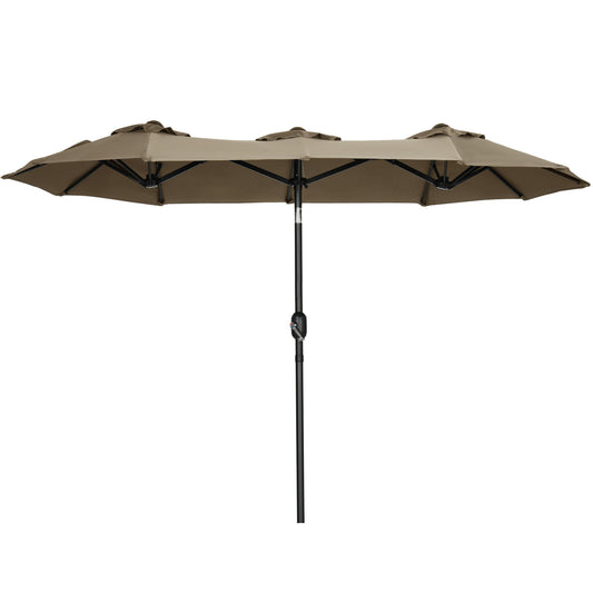 Taupe patio umbrella with three connected canopies and black metal pole