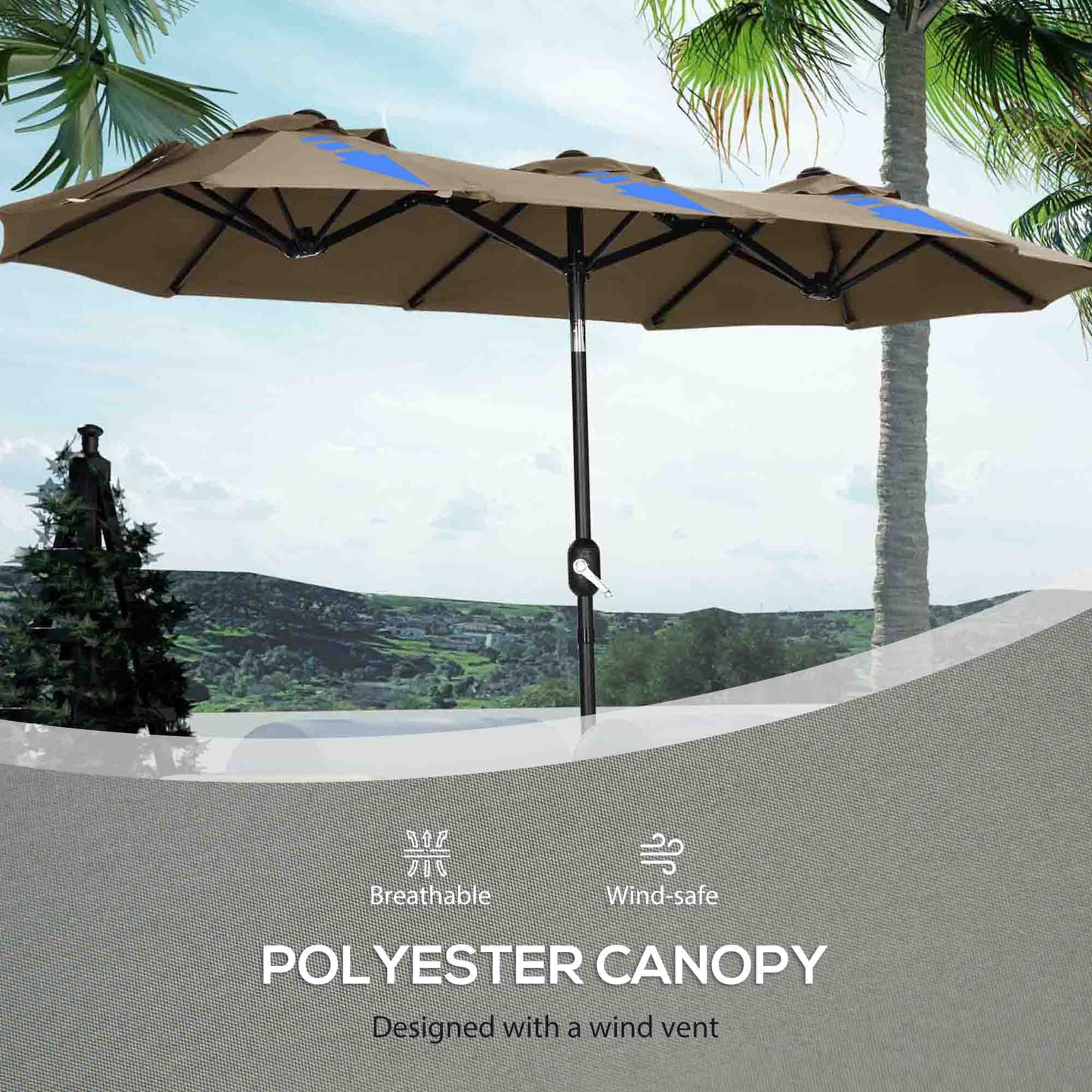Tan polyester patio umbrella with blue accents double canopy outdoor use