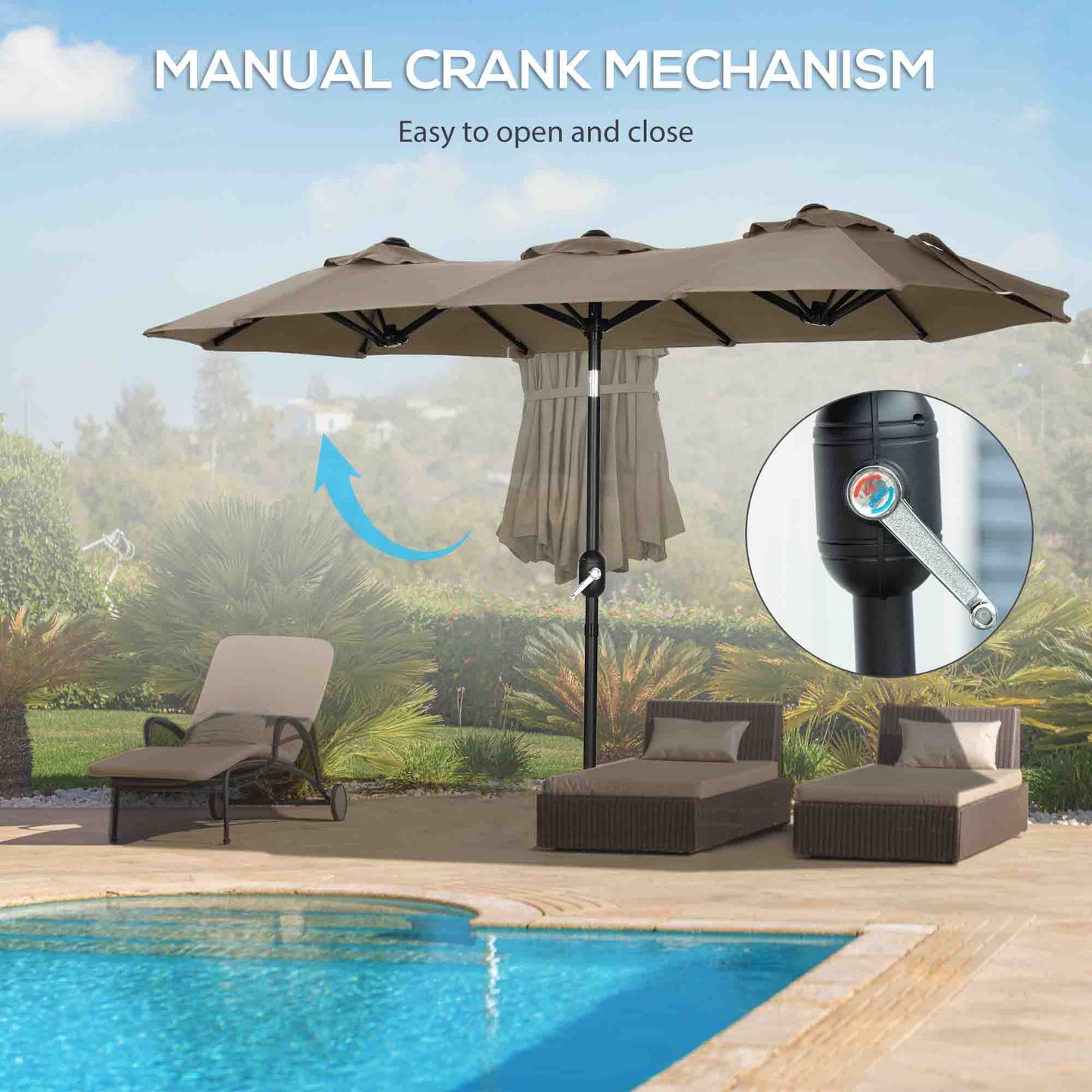 Large tan patio umbrella with manual crank mechanism for easy operation