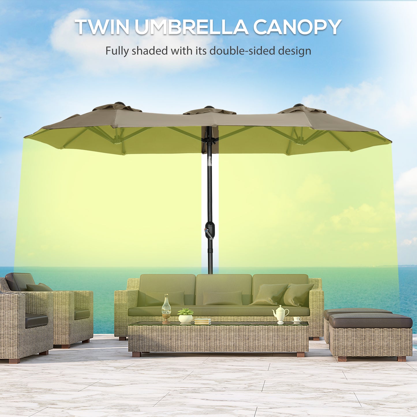 Taupe twin umbrella canopy with doublesided shade over outdoor wicker furniture