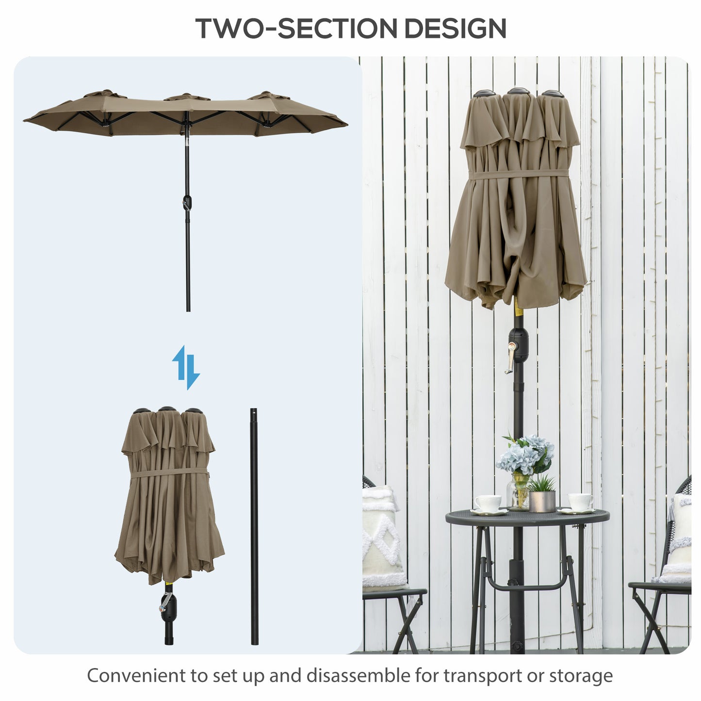 Expansive taupe patio umbrella with two connected canopies ideal for outdoor entertaining