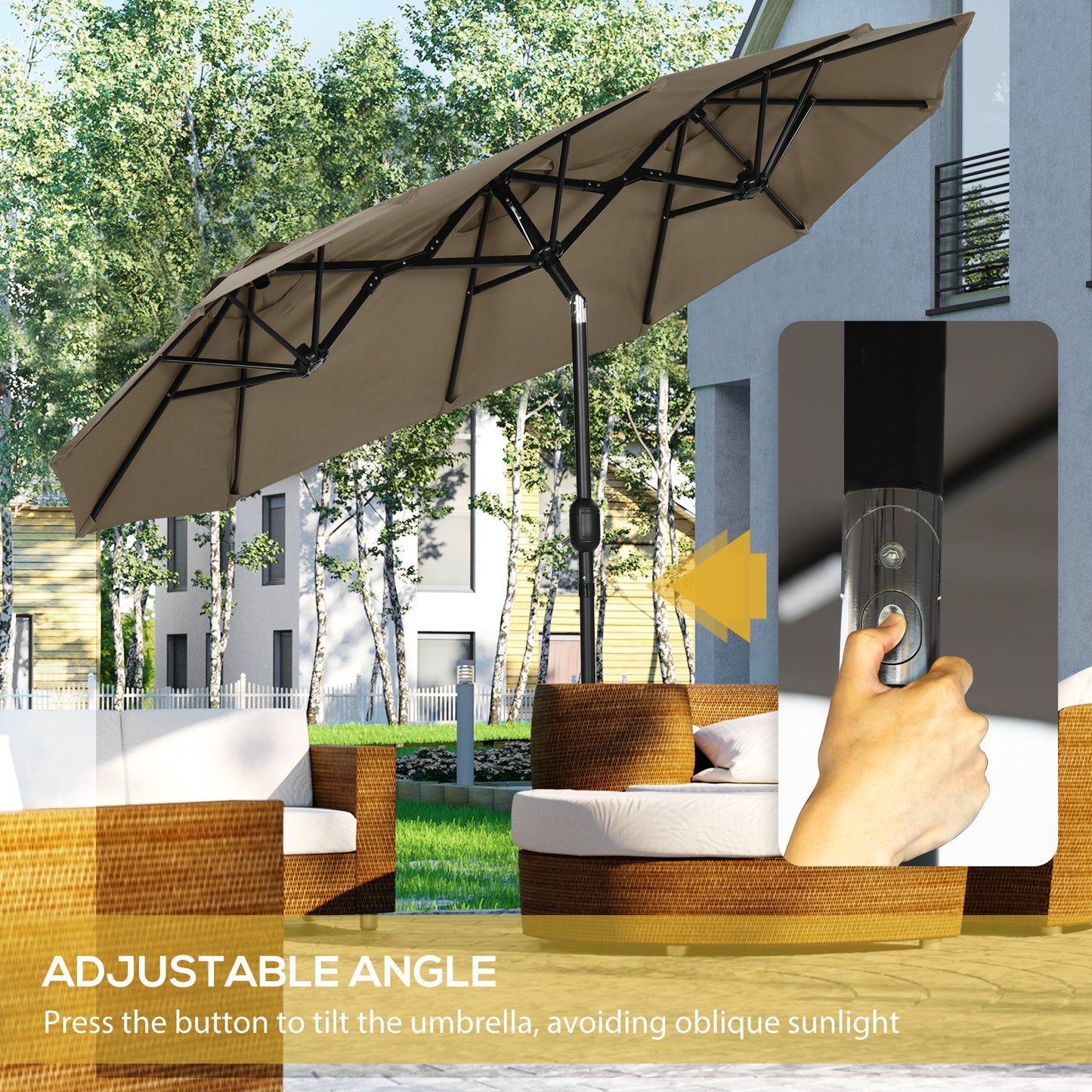 Taupe double patio umbrella with adjustable tilt mechanism for sunshade