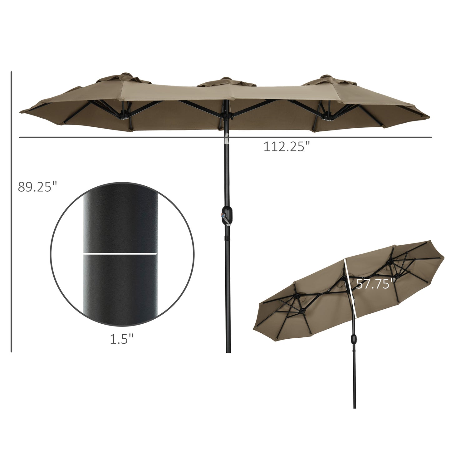 Taupe patio umbrella with dual canopy design and dimensions  x