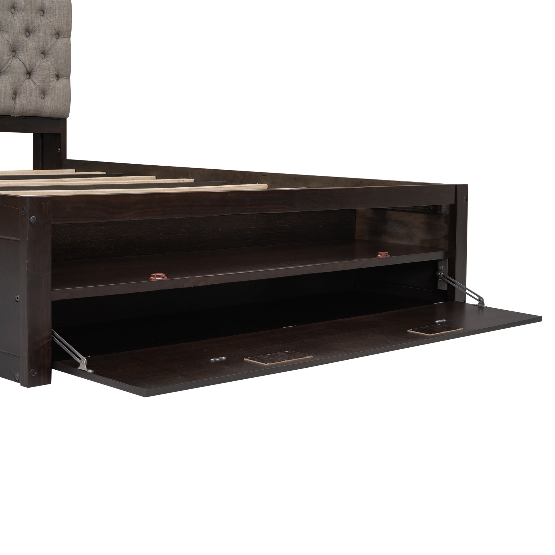 Dark wood platform bed frame with open storage compartments below