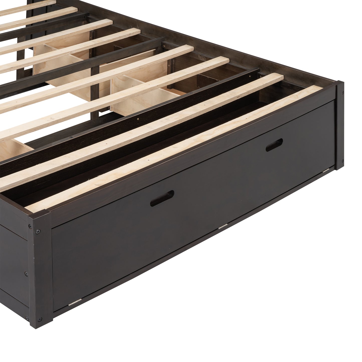 Dark brown wooden bed frame with two builtin storage drawers and a slatted support system
