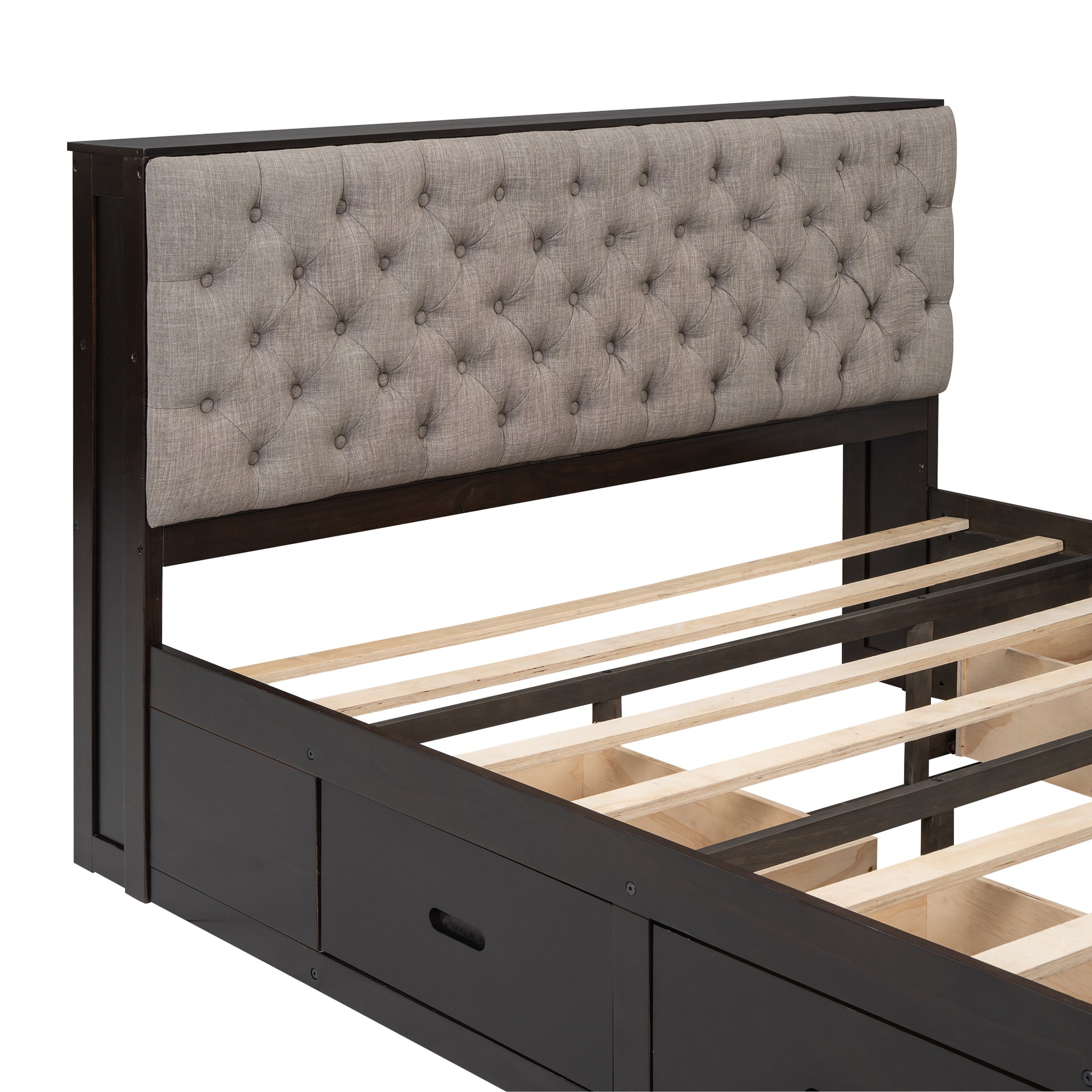 Dark brown wooden bed frame with tufted grey fabric headboard and storage drawers