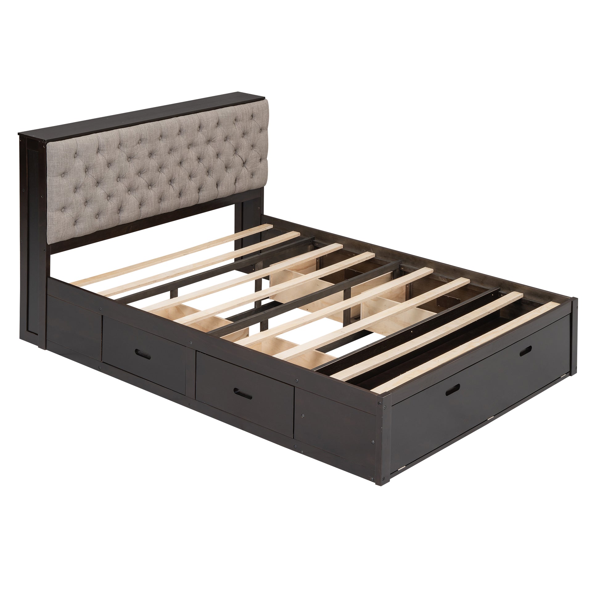 Dark wood queen platform bed frame with buttontufted grey fabric headboard and six storage drawers