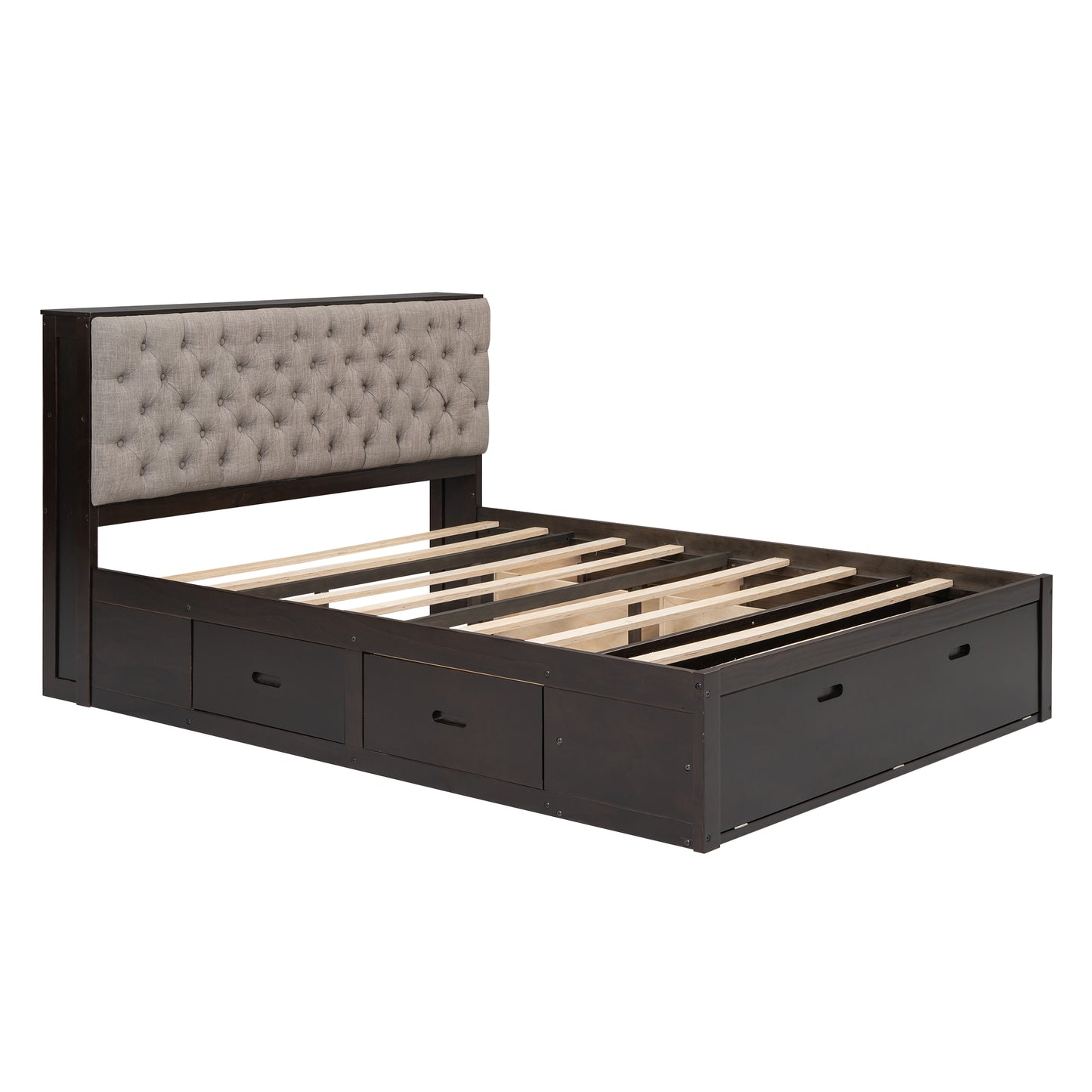Dark brown wooden bed frame with tufted grey headboard and builtin drawers