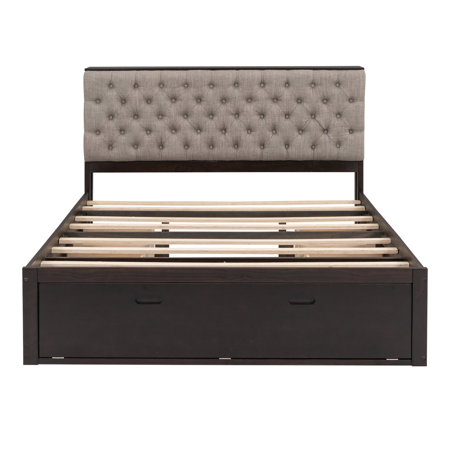 Dark wood platform bed frame with tufted grey fabric headboard and storage drawers