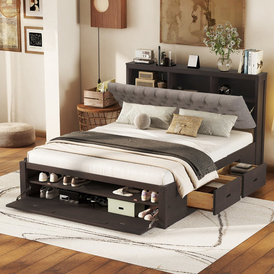 Dark wood platform bed with tufted gray headboard storage drawers and shoe rack