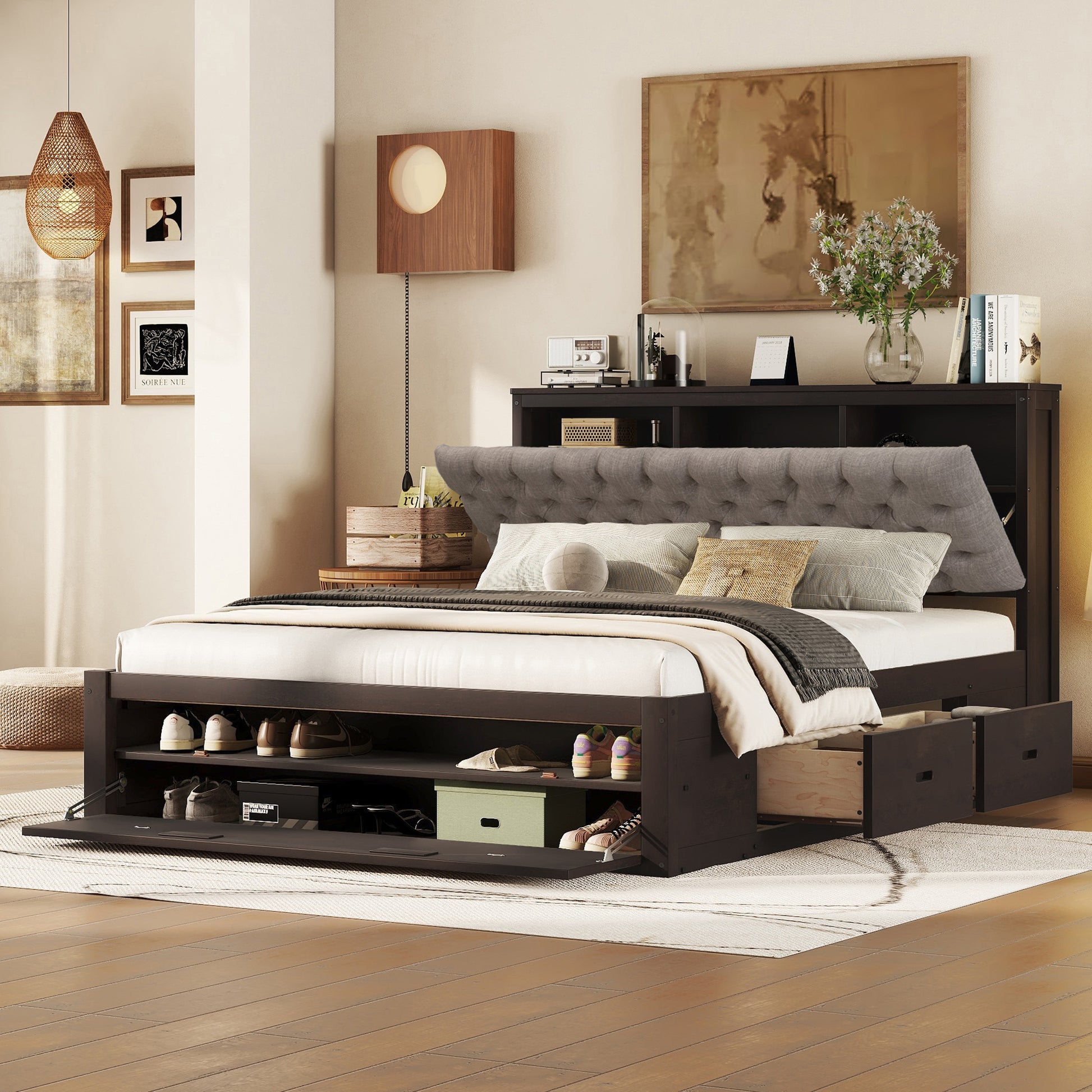 Dark wood platform bed with tufted headboard and builtin shoe storage and drawers