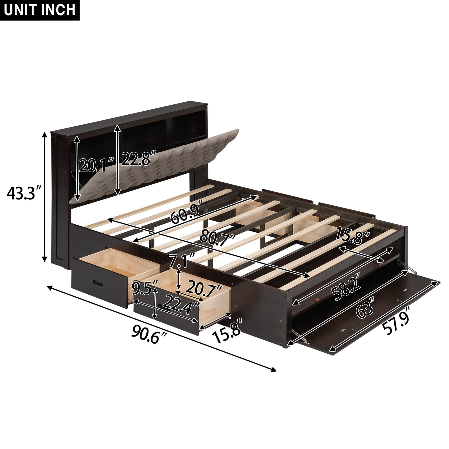 Dark wood platform bed with tufted headboard and storage drawers  L x  W