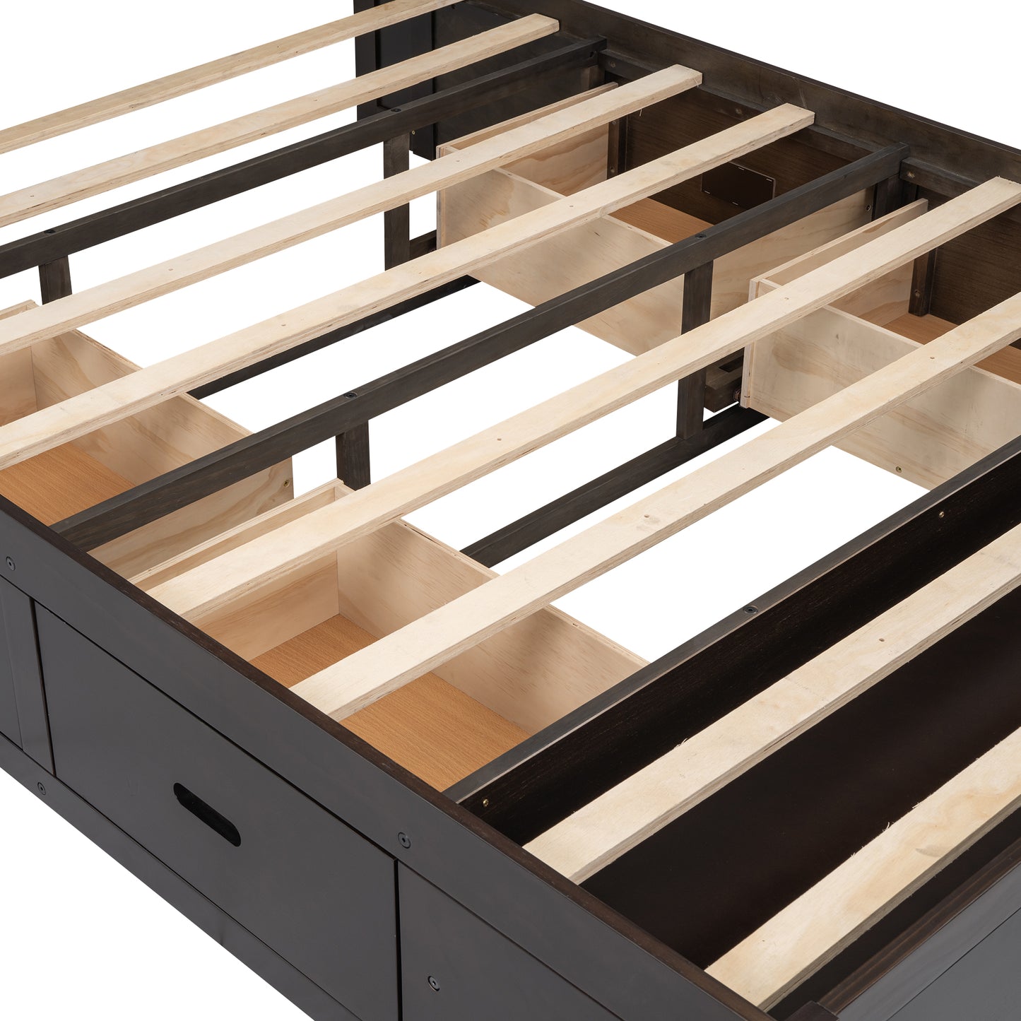 Dark brown wooden bed frame with multiple drawers and slatted support system