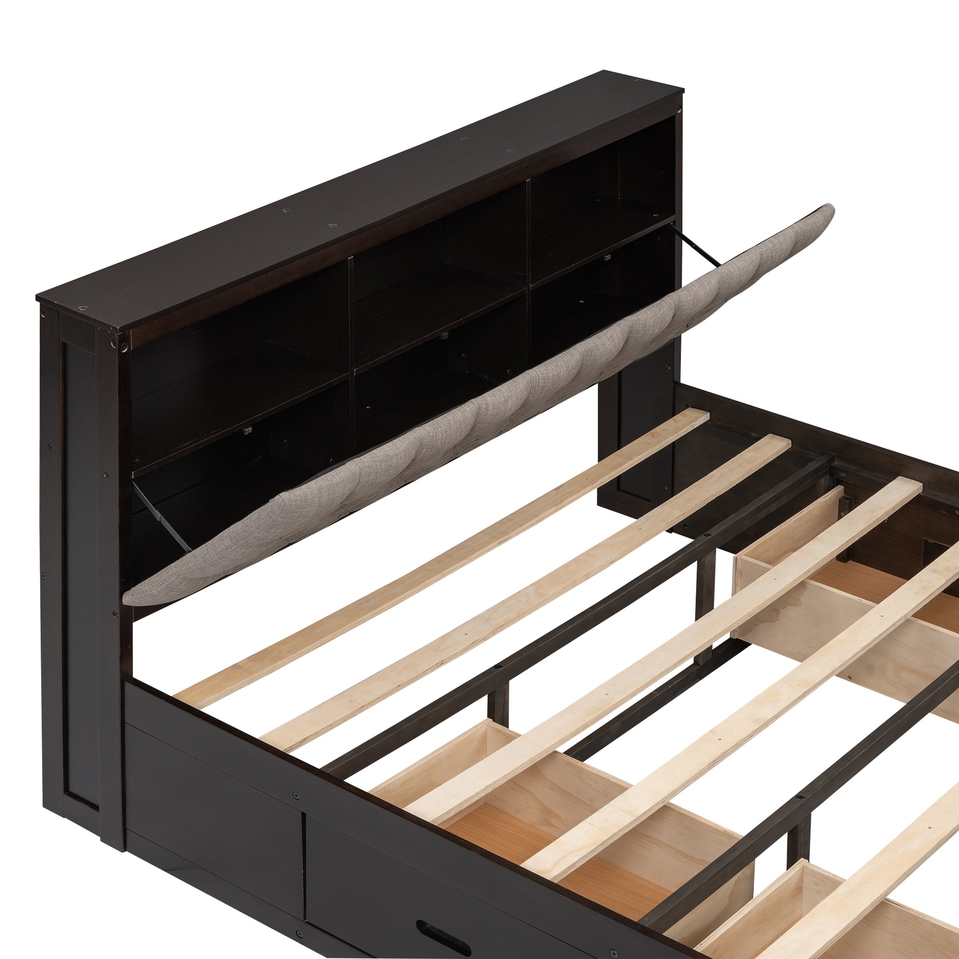Dark brown wood storage bed frame with upholstered headboard and drawers