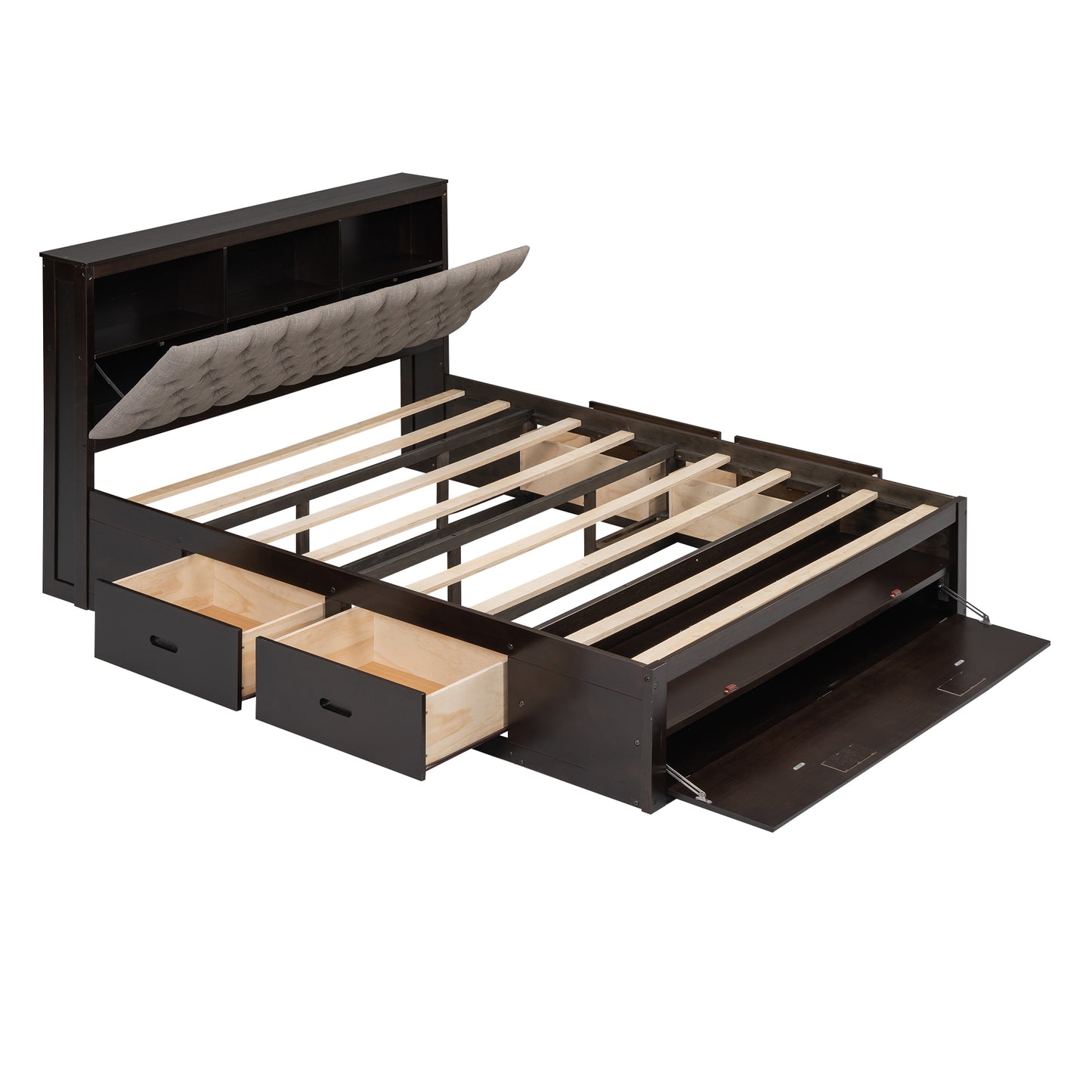 Dark espresso platform bed with bookcase headboard tufted panel and open storage drawers