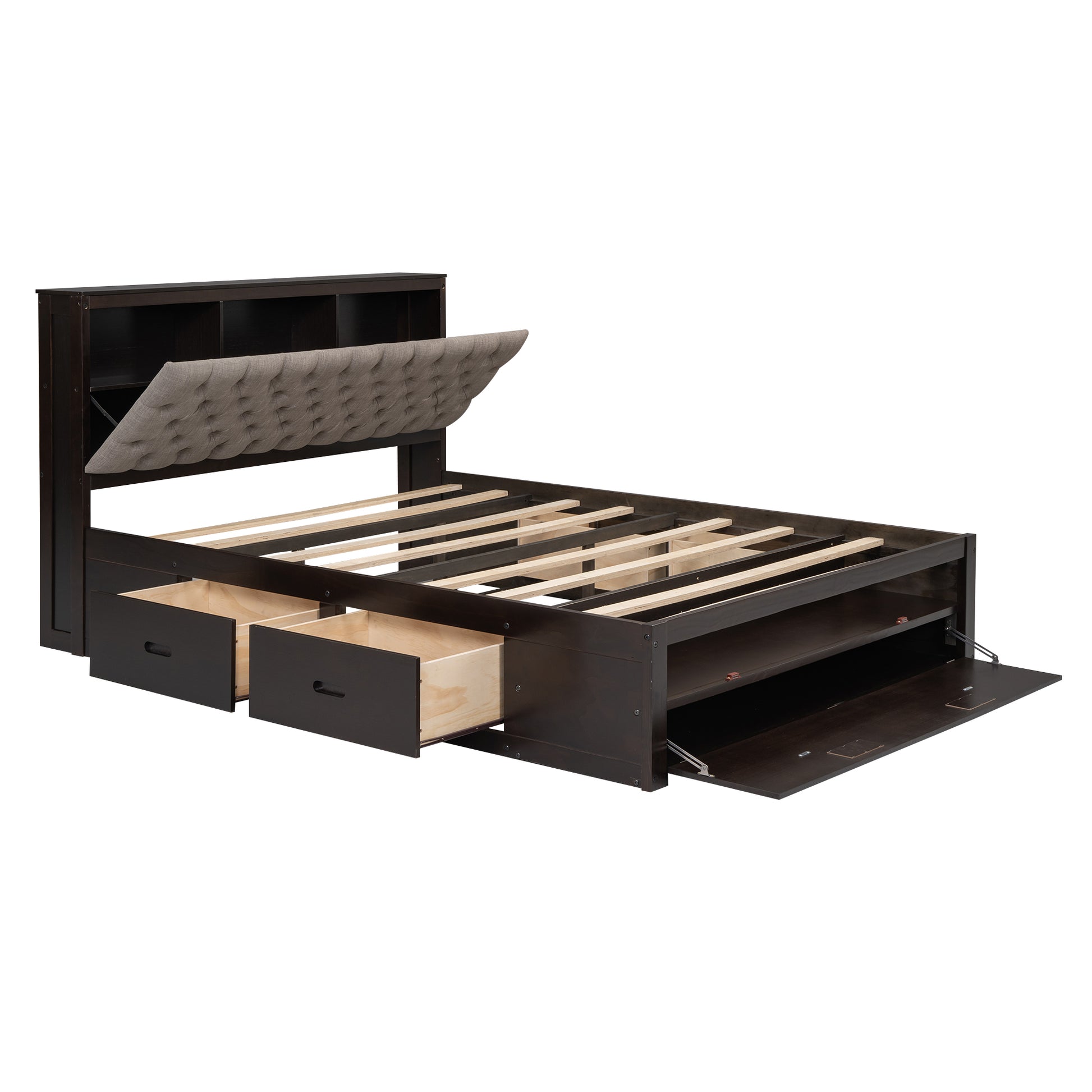 Dark brown wooden bed frame with tufted grey headboard and storage drawers