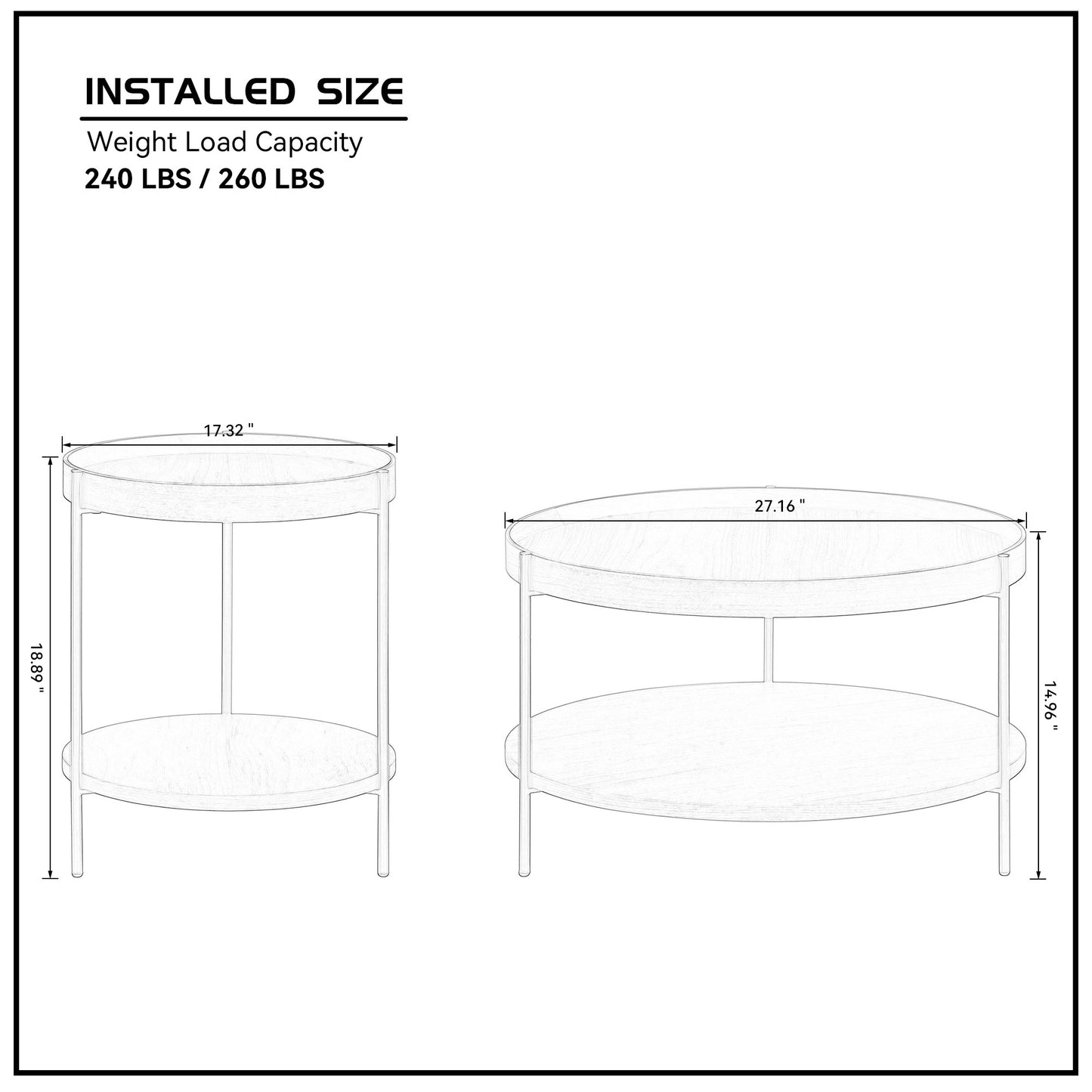 Line drawing of a twotiered round end table  diameter  height