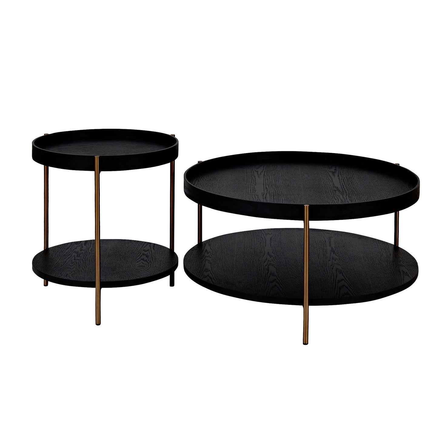 Black round twotier nesting coffee tables with brass legs