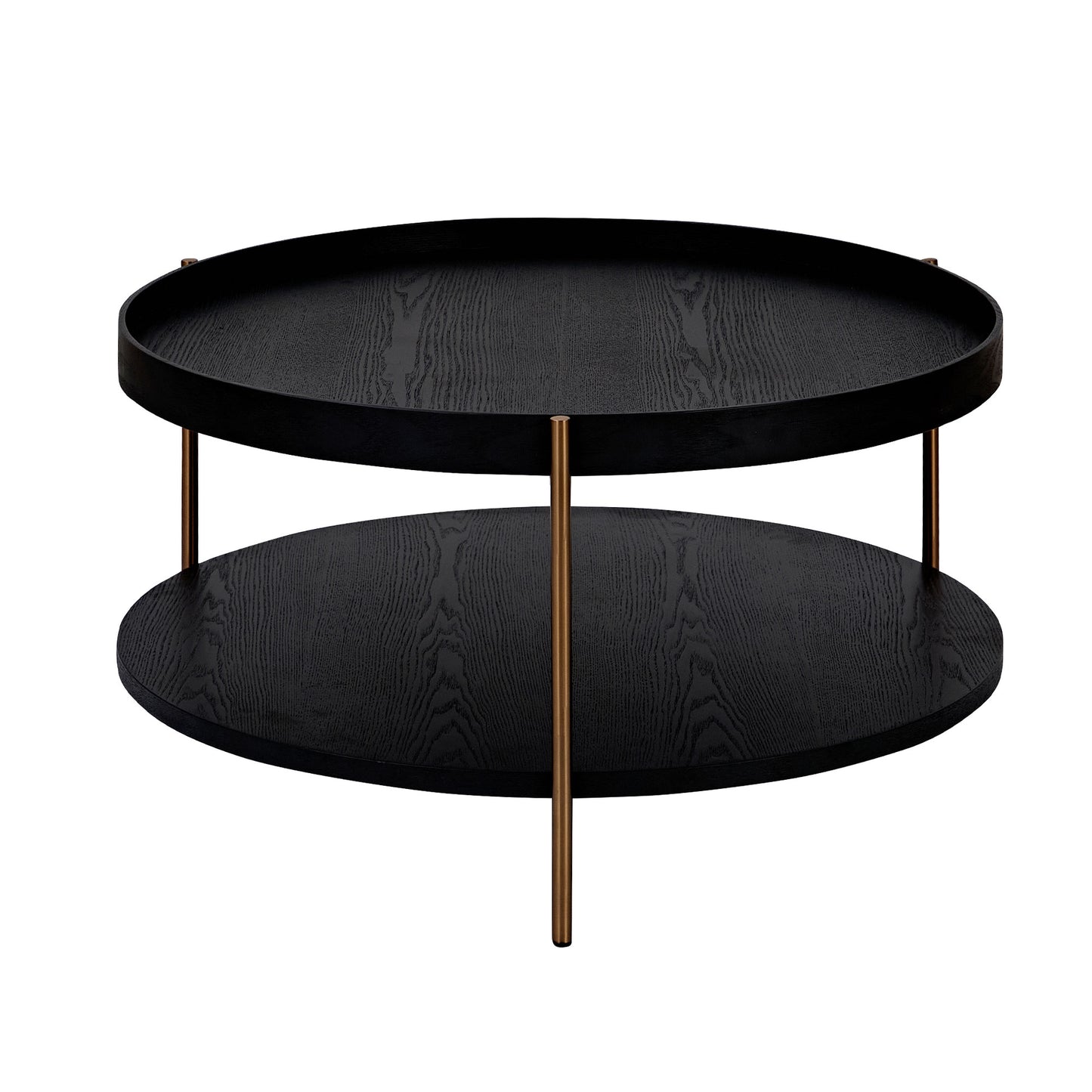Black twotier round coffee table with wood grain texture and brushed gold legs
