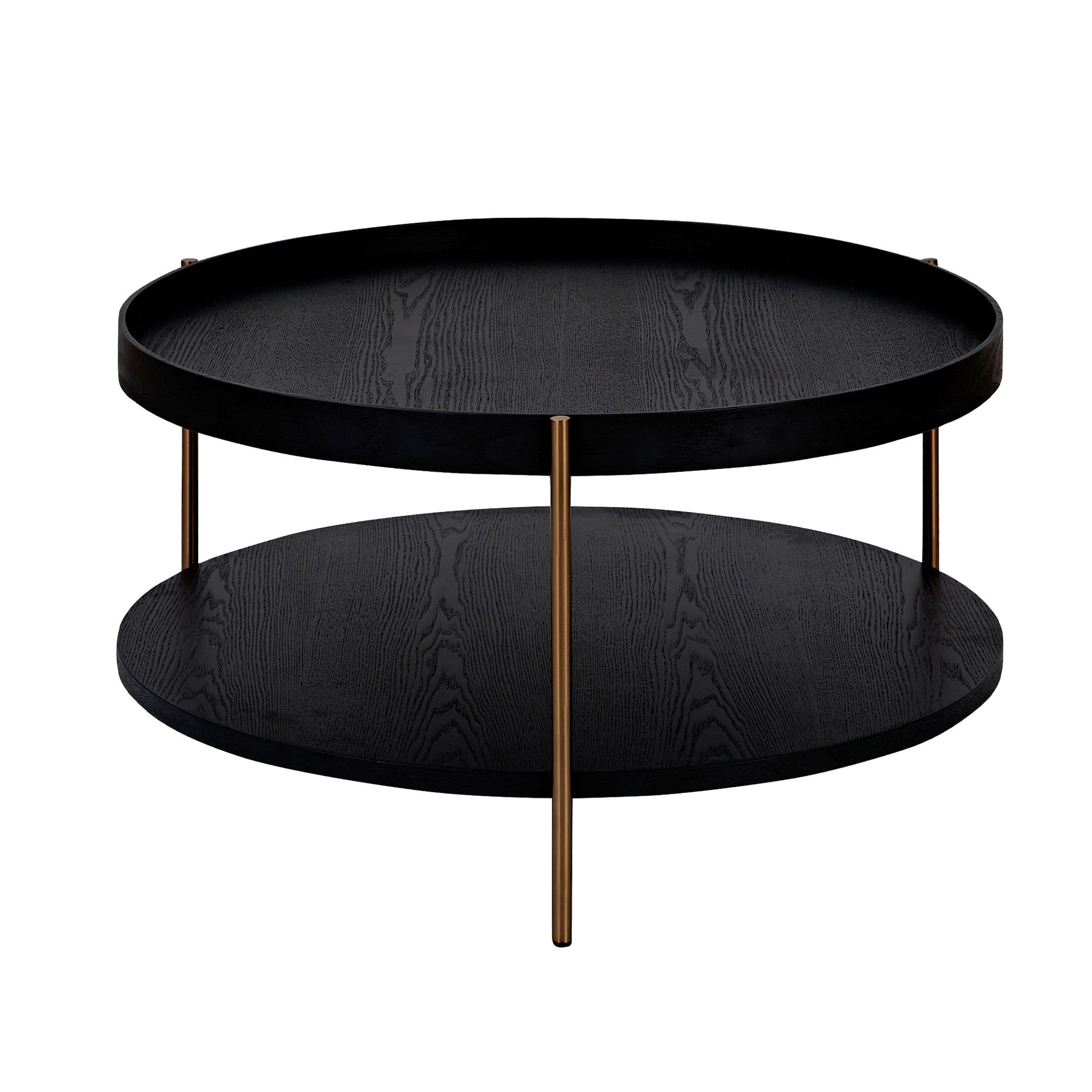 Black twotier round coffee table with wood grain texture and brushed gold legs