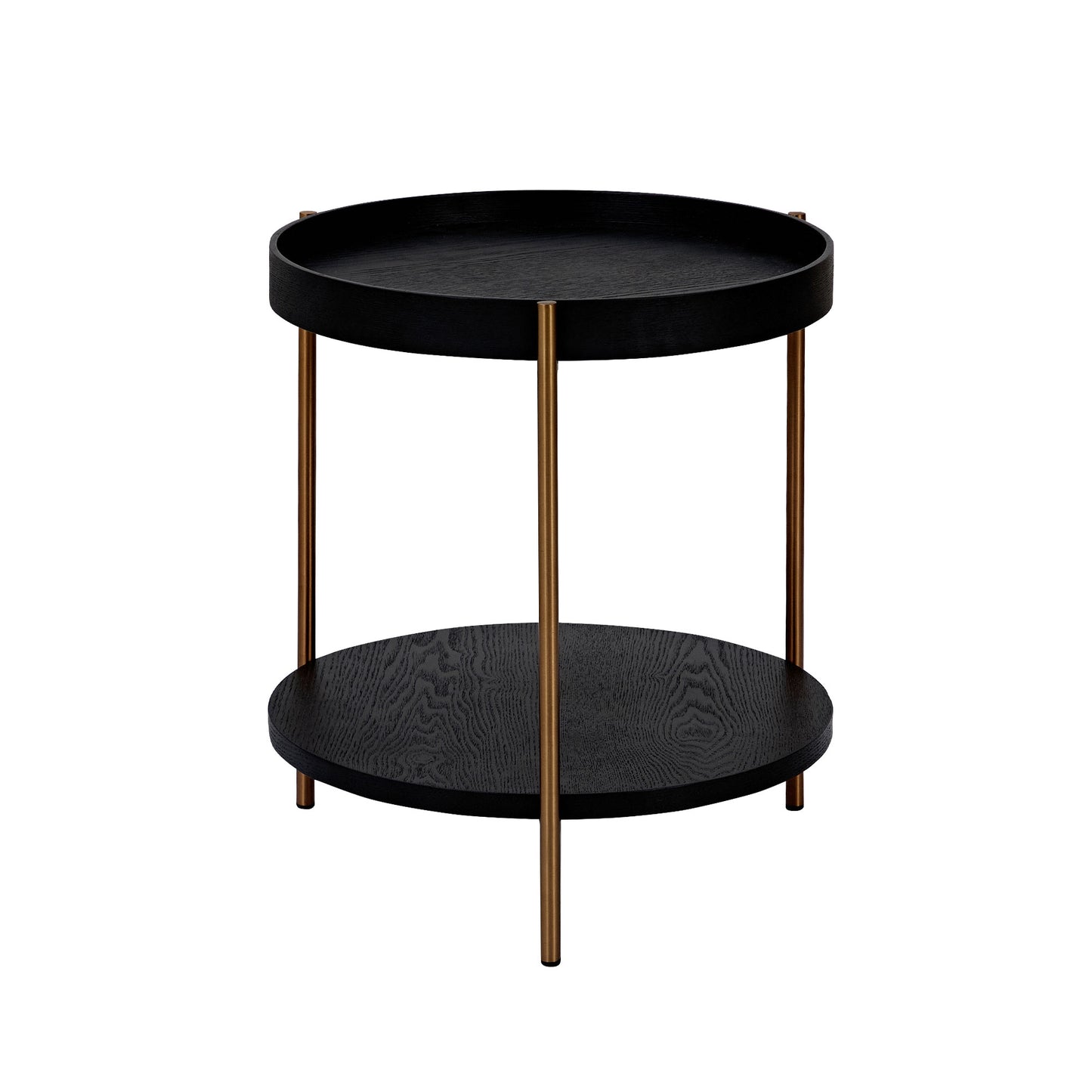 Black round side table with wood grain texture and brass legs