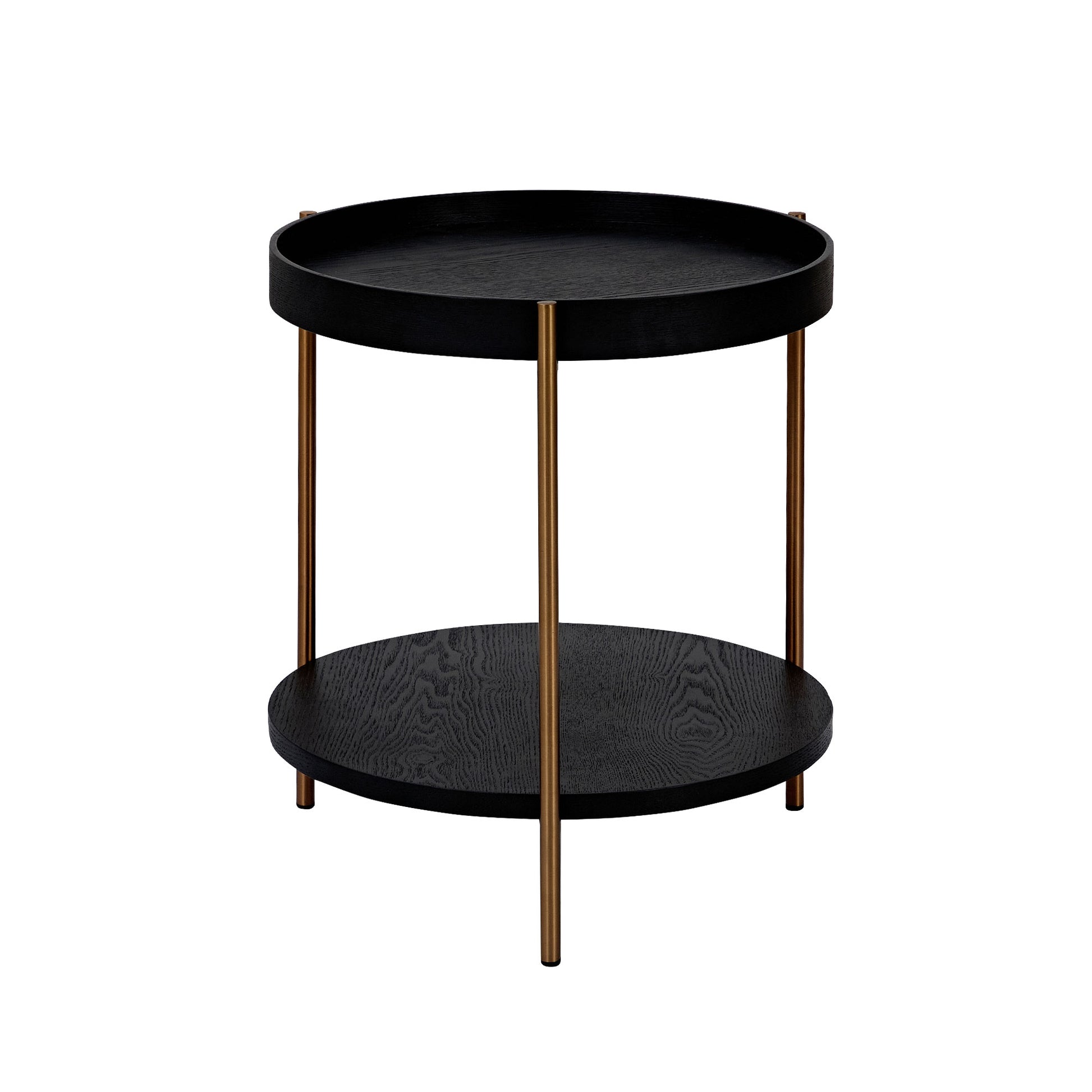 Black round side table with wood grain texture and brass legs