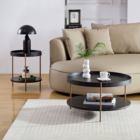 Black modern mushroom table lamp with a conical base on a dark wood end table