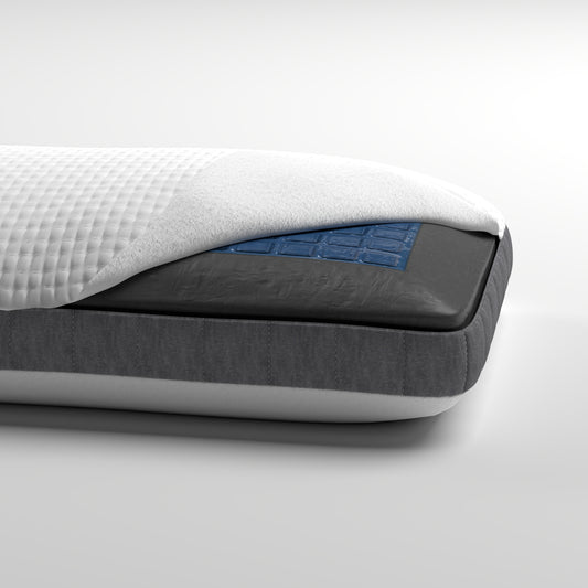 Crosssection of a gel memory foam mattress showing cooling gel infusion layer and quilted cover