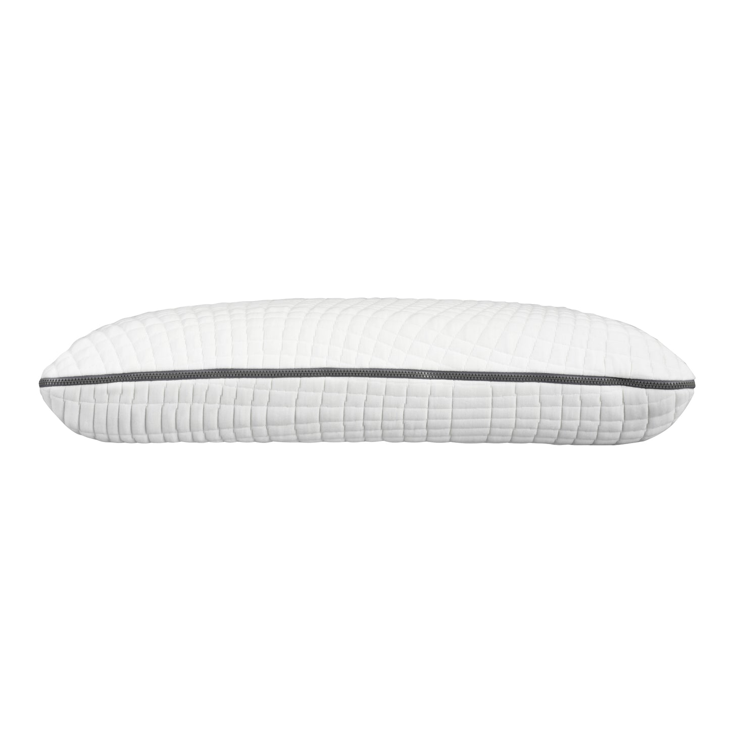 Quilted white memory foam pillow with gray zipper detail for comfortable sleep