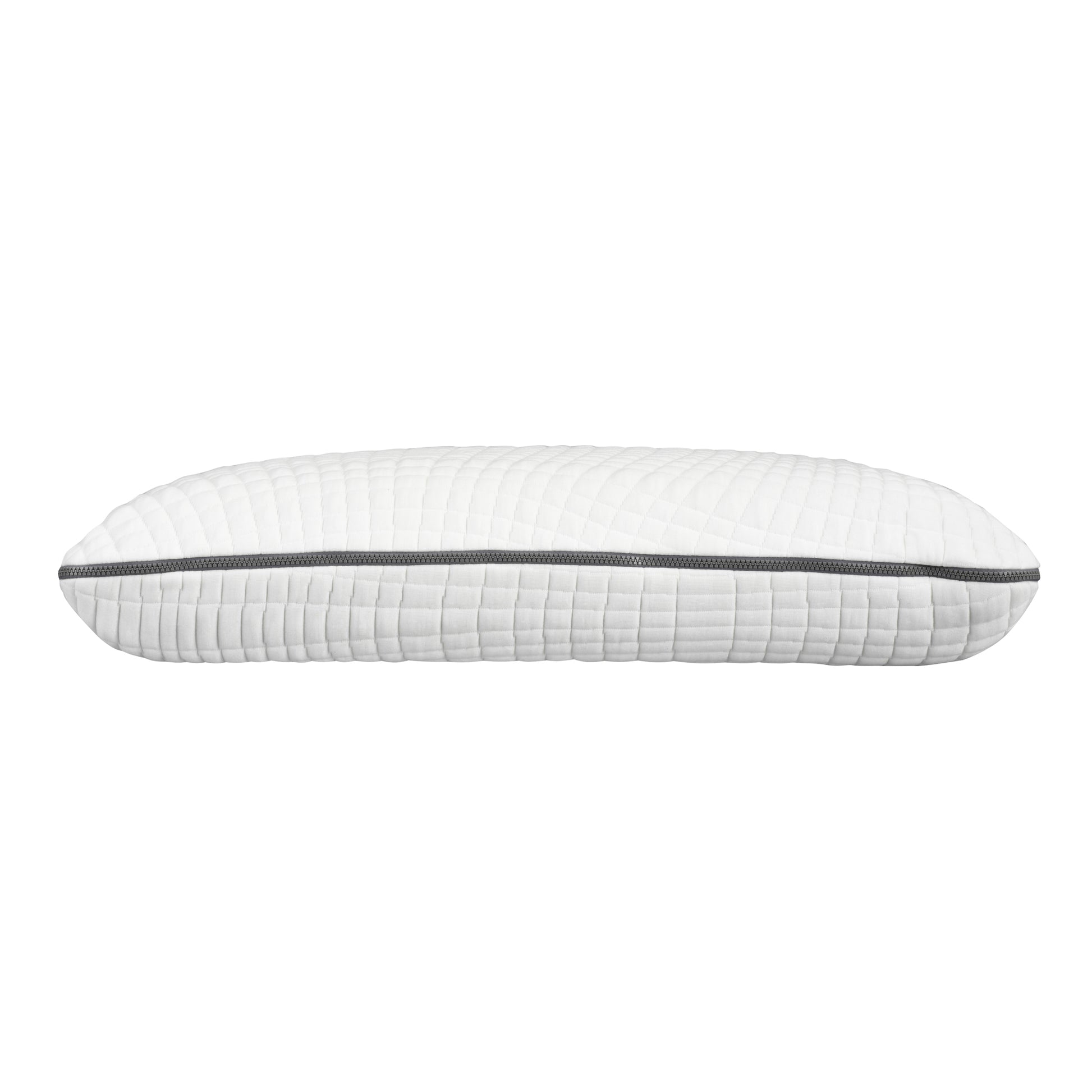 Quilted white memory foam pillow with gray zipper detail for comfortable sleep