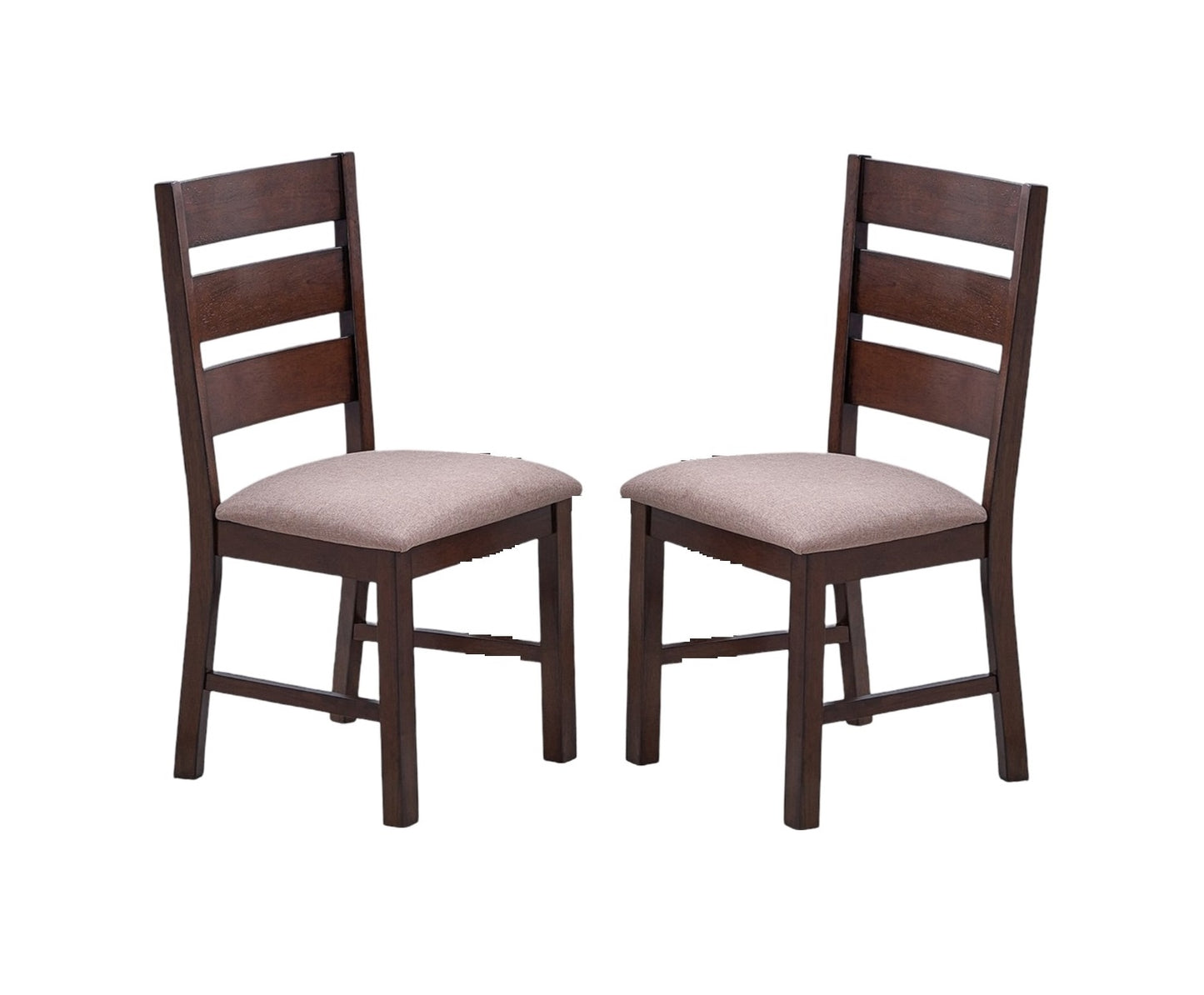 Two dark wood dining chairs with upholstered seats