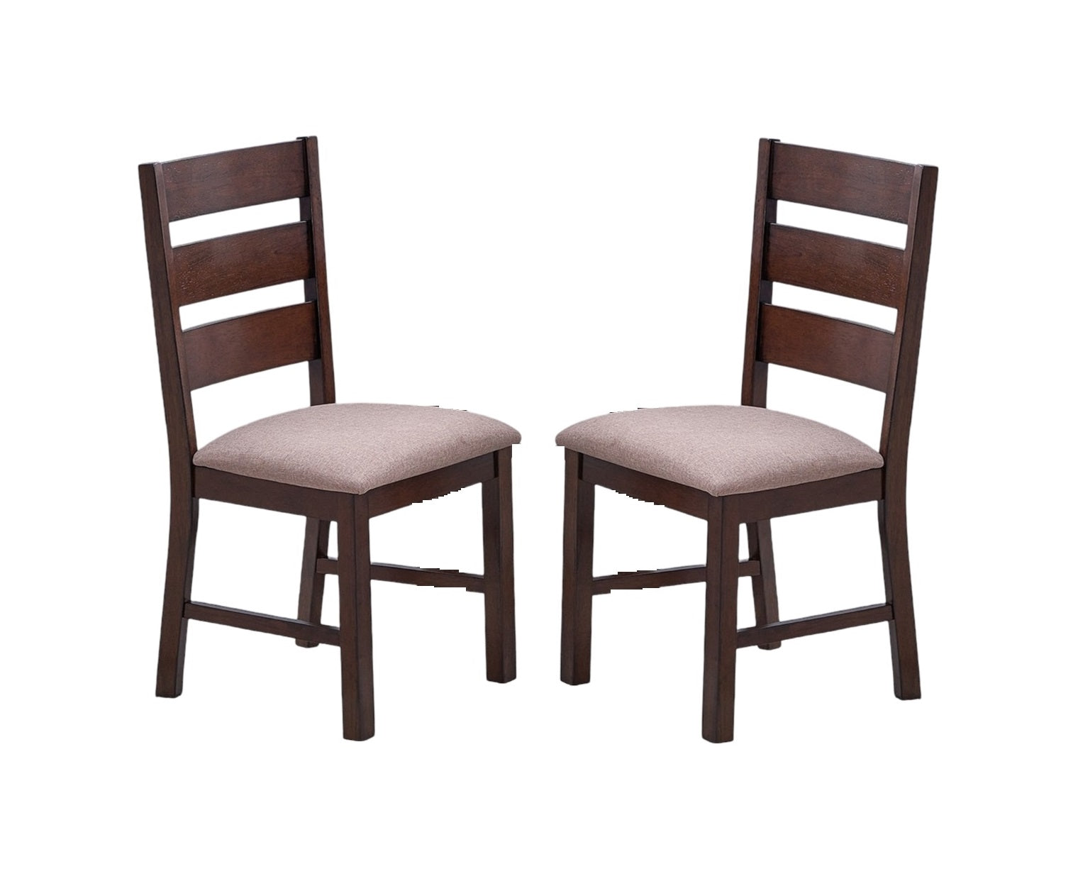 Two dark wood dining chairs with upholstered seats