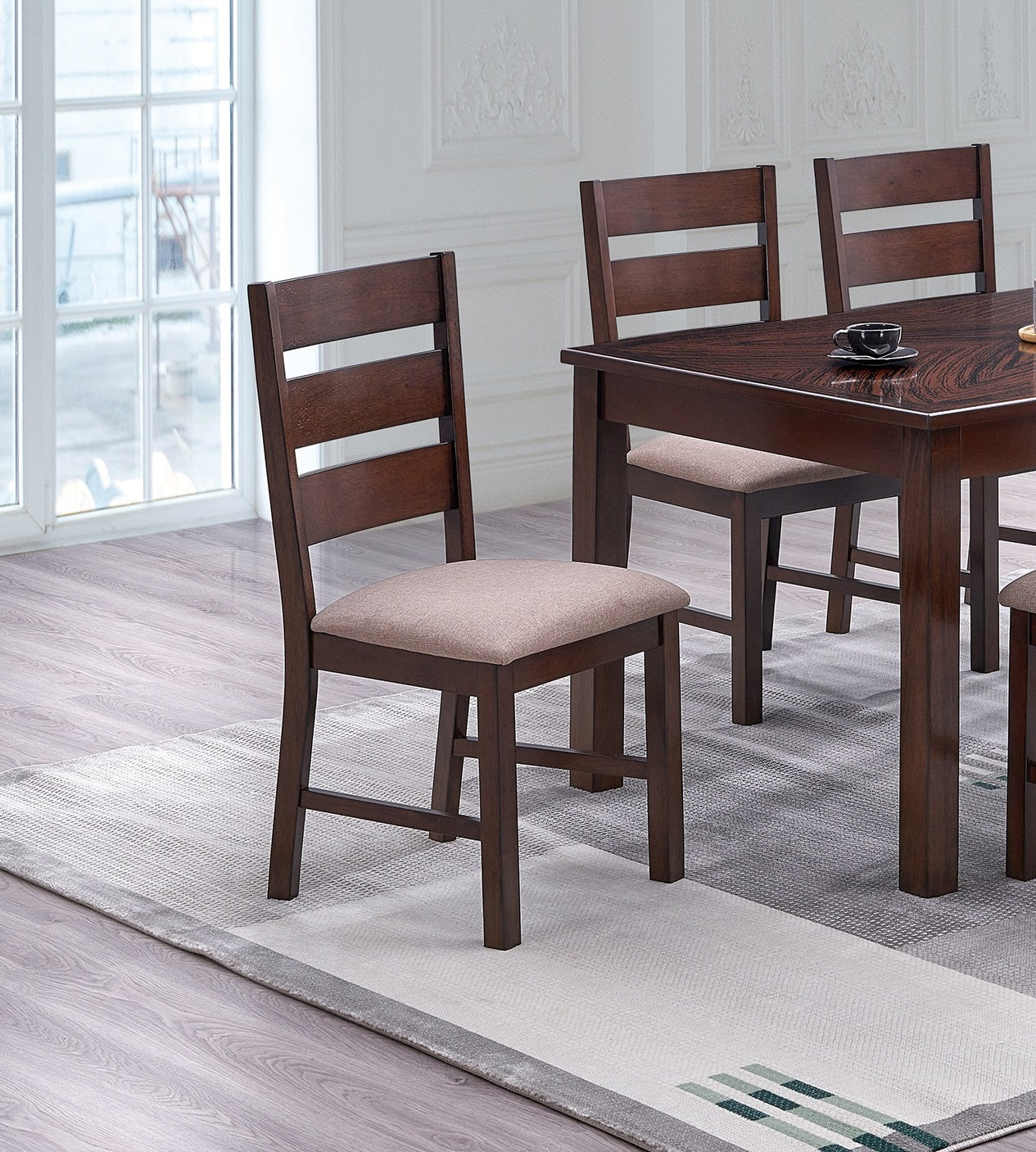 Dark brown wooden dining chair with upholstered beige seat