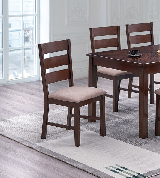 Dark brown wooden dining chair with upholstered beige seat