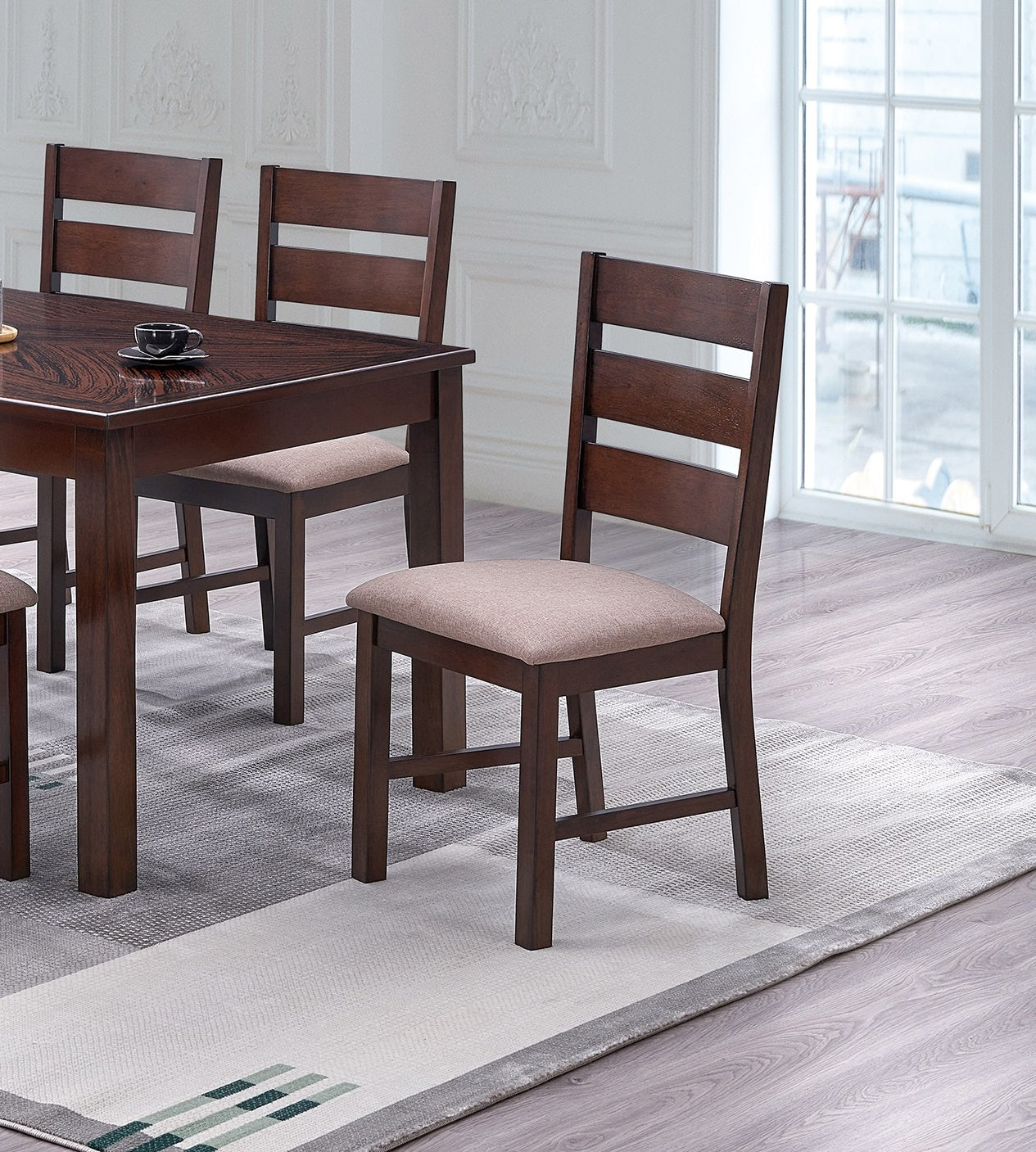 Dark wood dining chair with upholstered seat