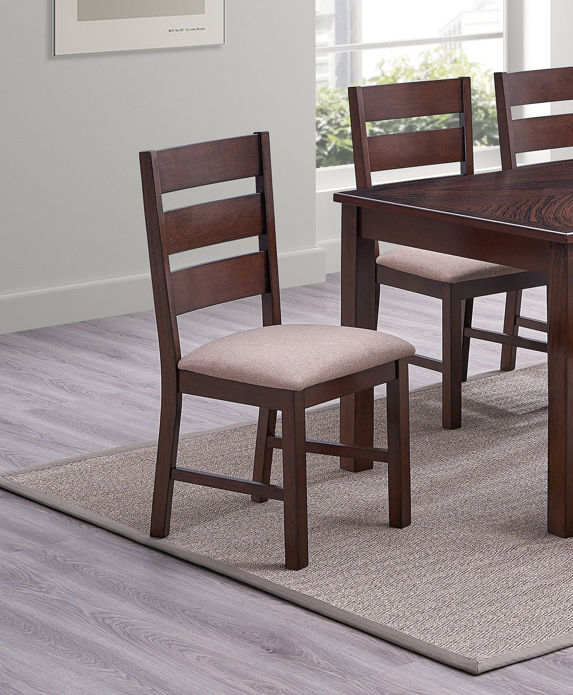 Dark wood dining chair with upholstered neutral seat