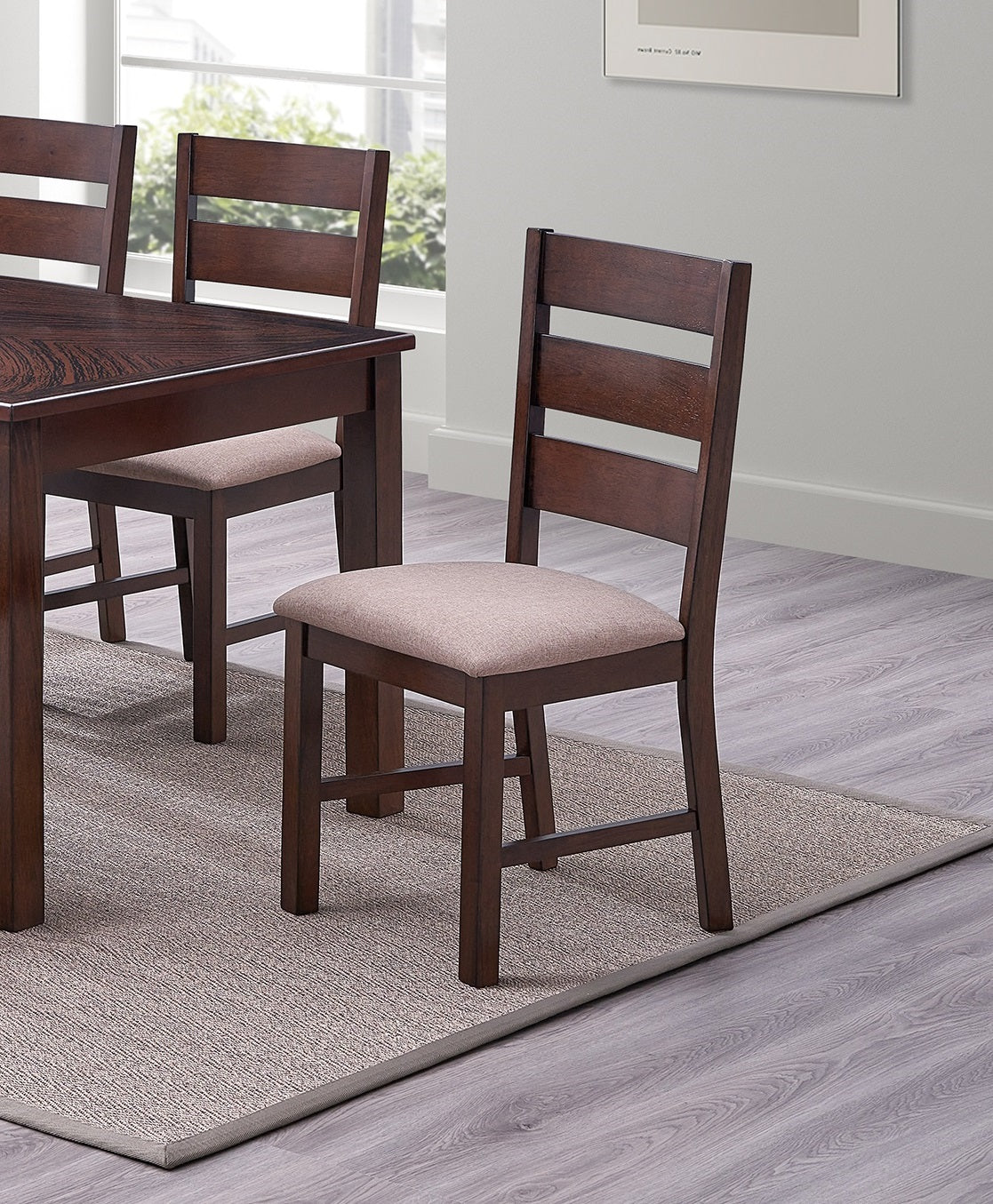 Dark wood dining chair with slatted back and beige upholstered seat
