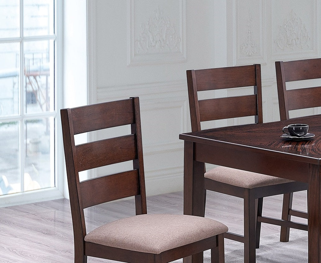Dark brown wooden dining chair with tan upholstered seat